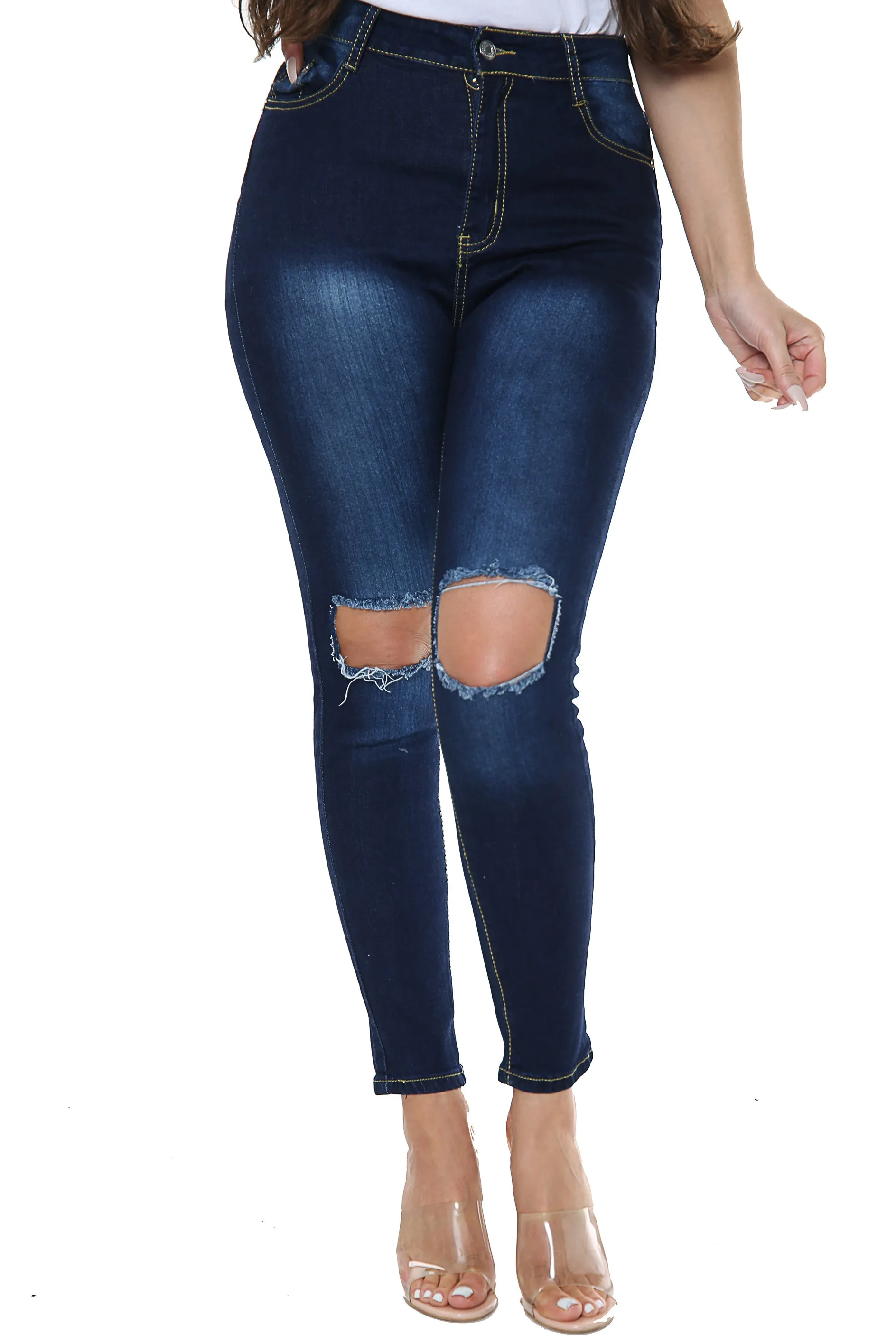 Blue Denim Skinny Jeans in a High Waisted fit with ripped front details