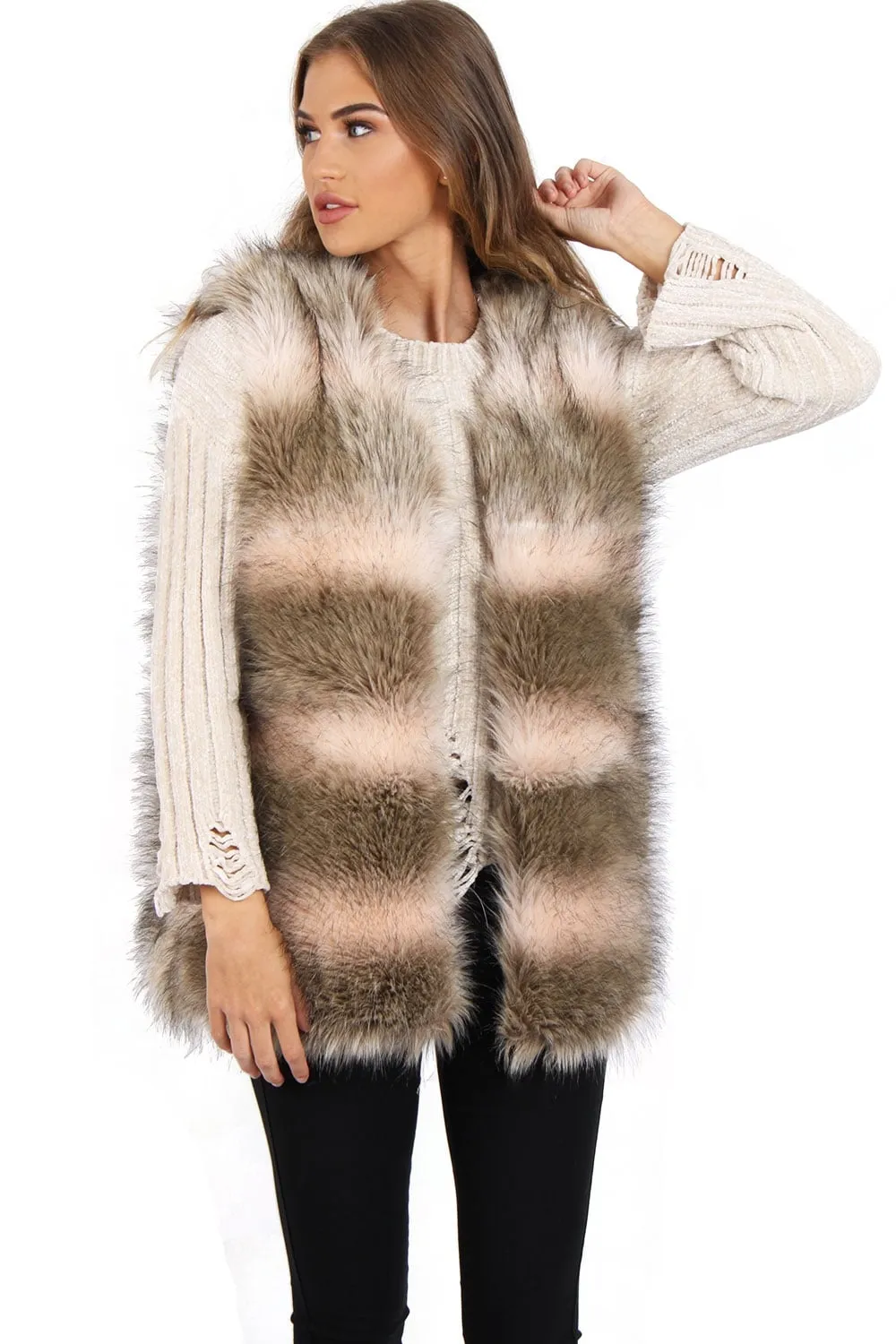 Brown and Pink Stripe Faux Fur Gilet