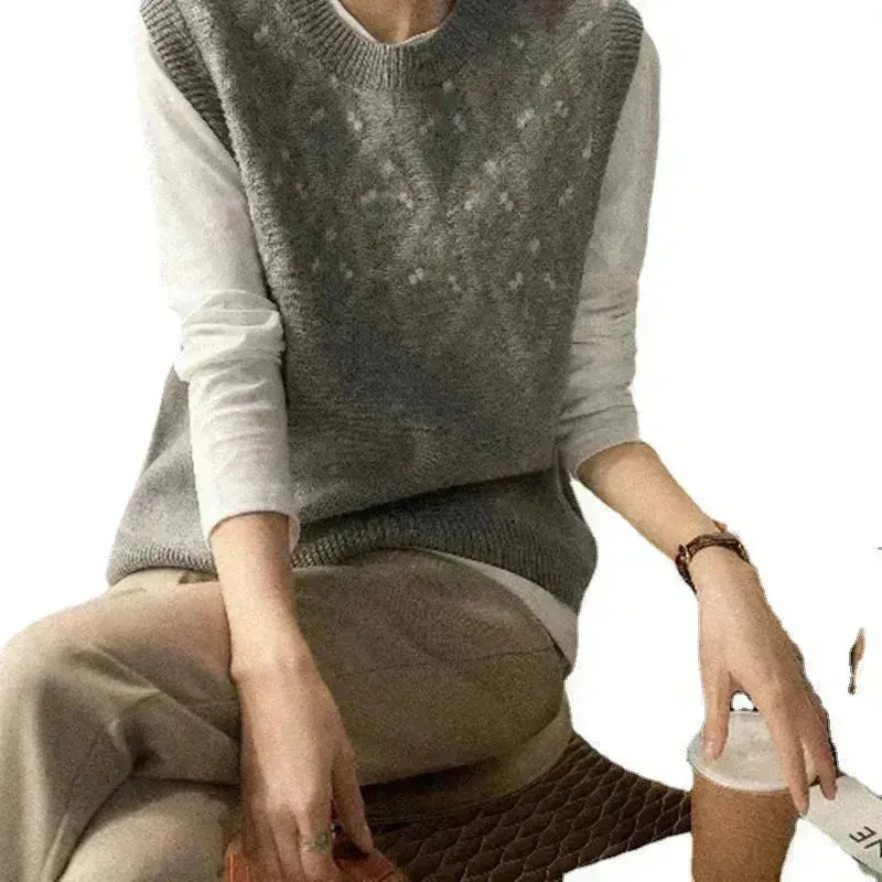 Cashmere Jacquard Sleeveless Round Neck Knitted Sweater Vest for Women