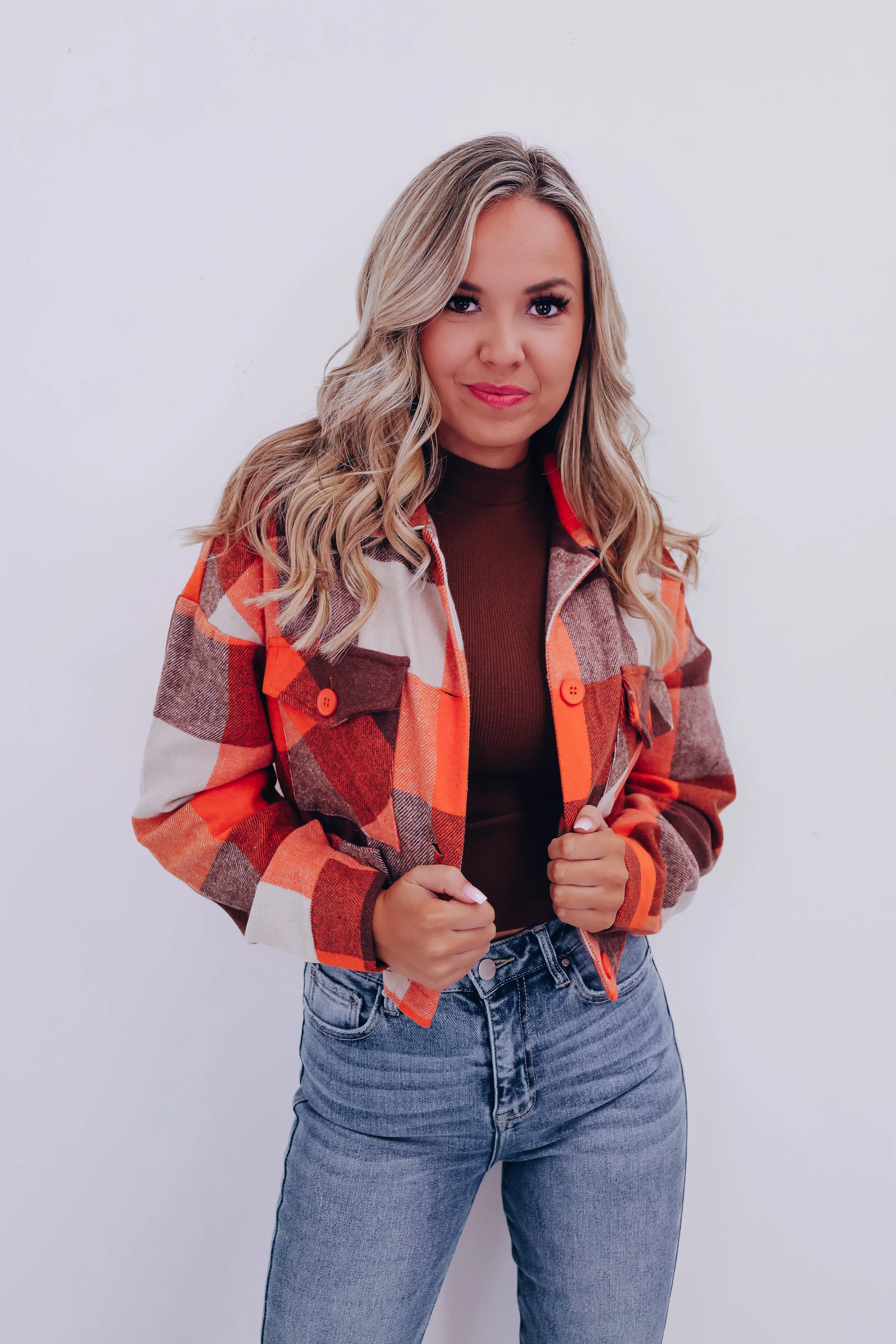 Classy Cropped Plaid Shacket - Orange