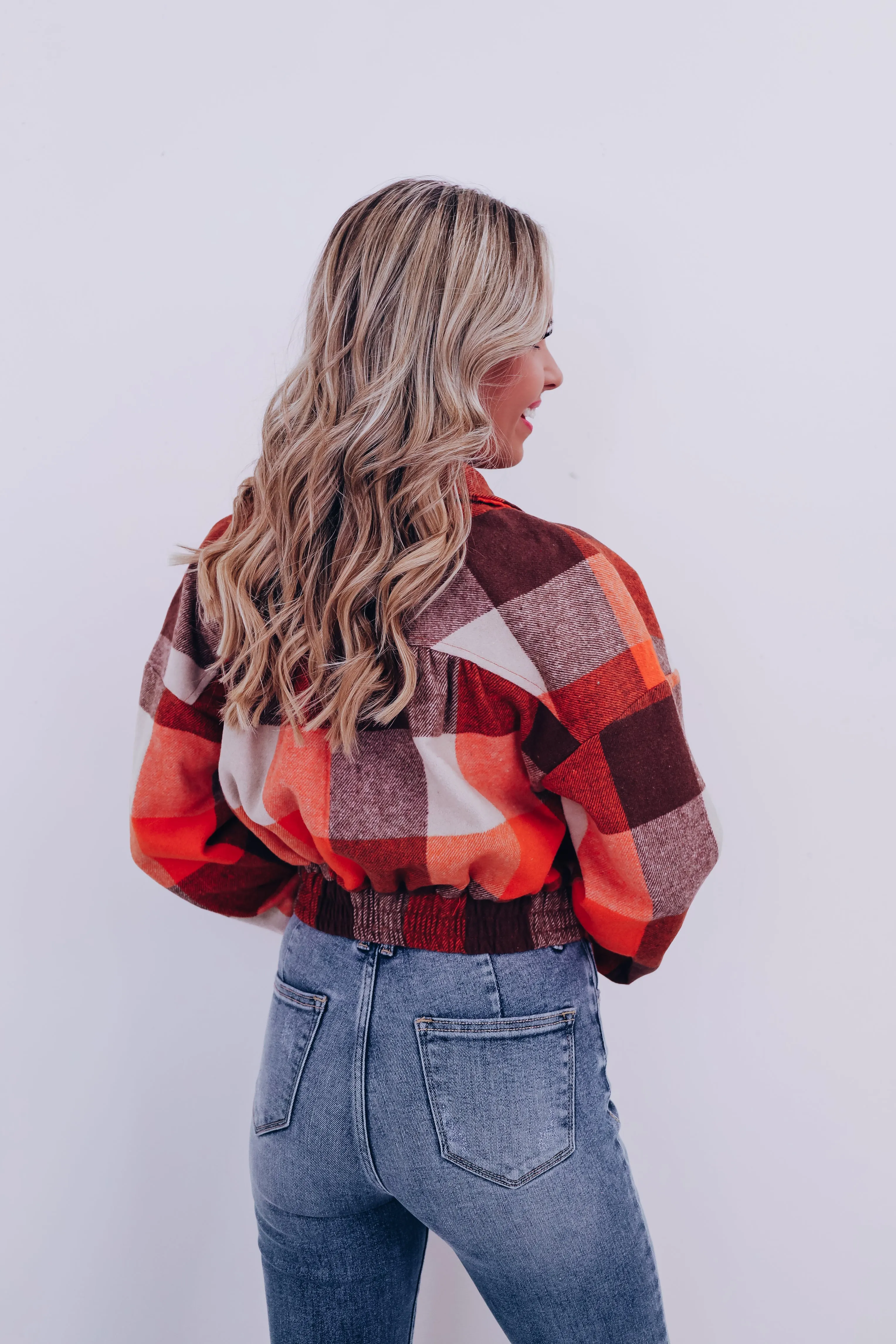 Classy Cropped Plaid Shacket - Orange