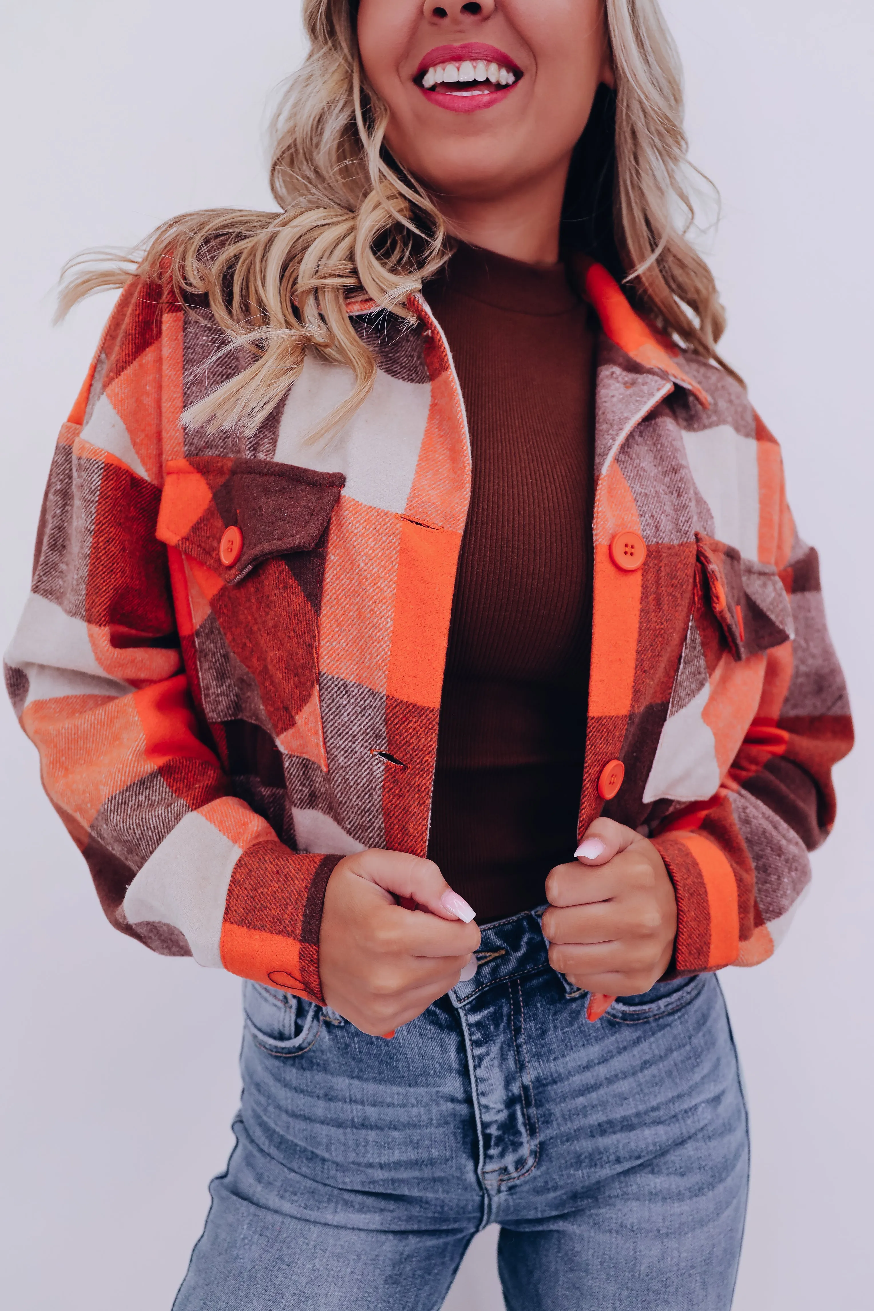 Classy Cropped Plaid Shacket - Orange