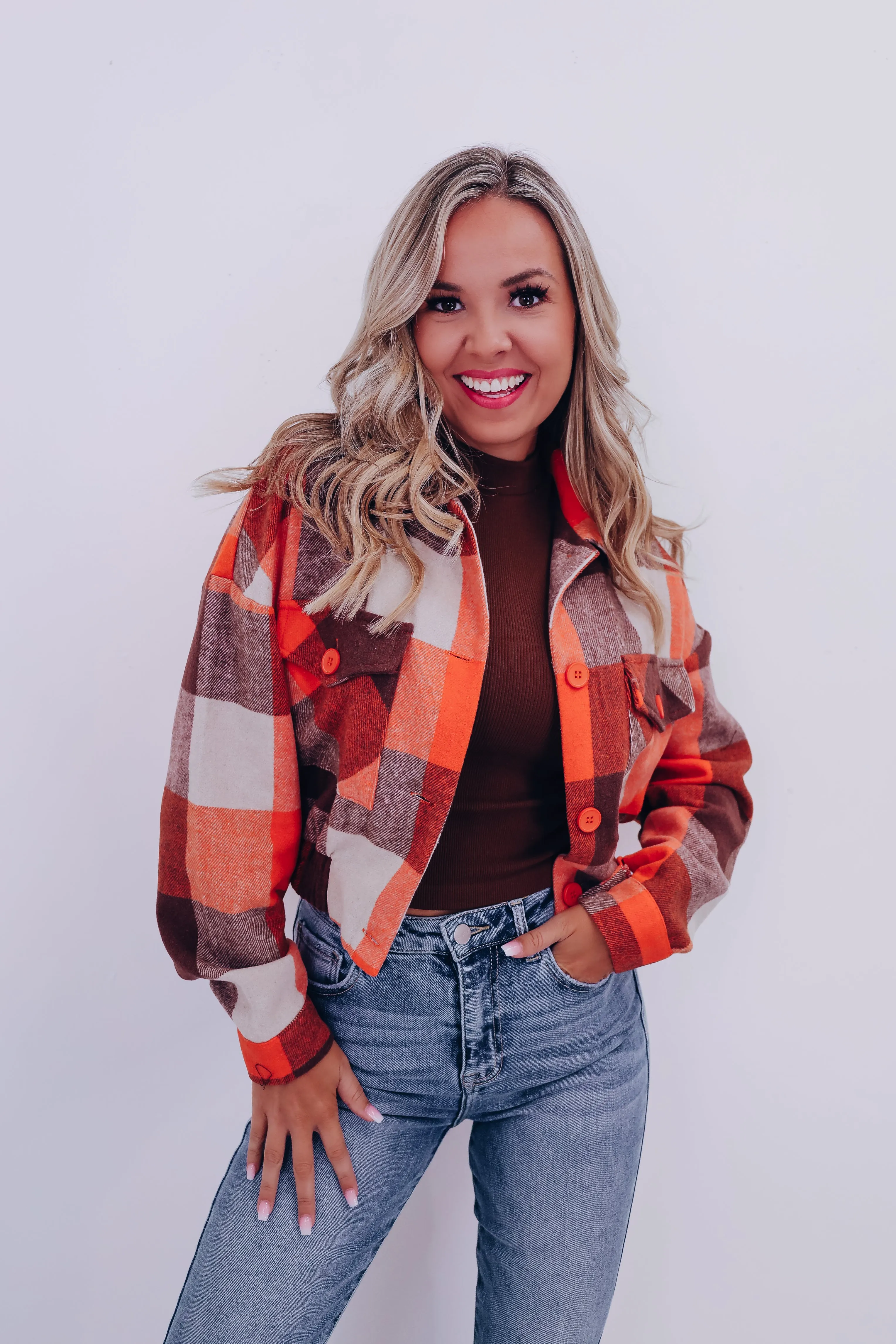 Classy Cropped Plaid Shacket - Orange