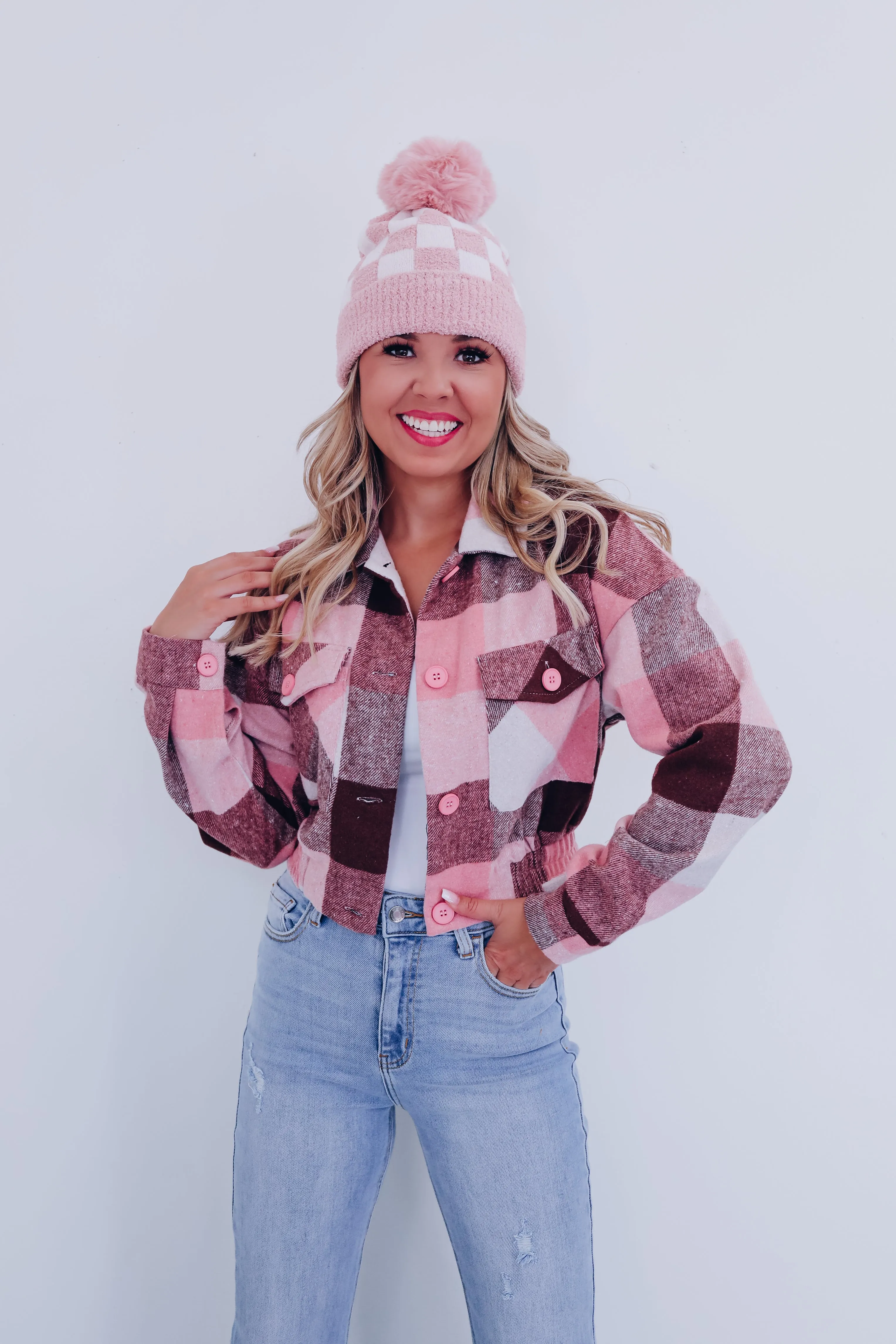 Classy Cropped Plaid Shacket - Pink