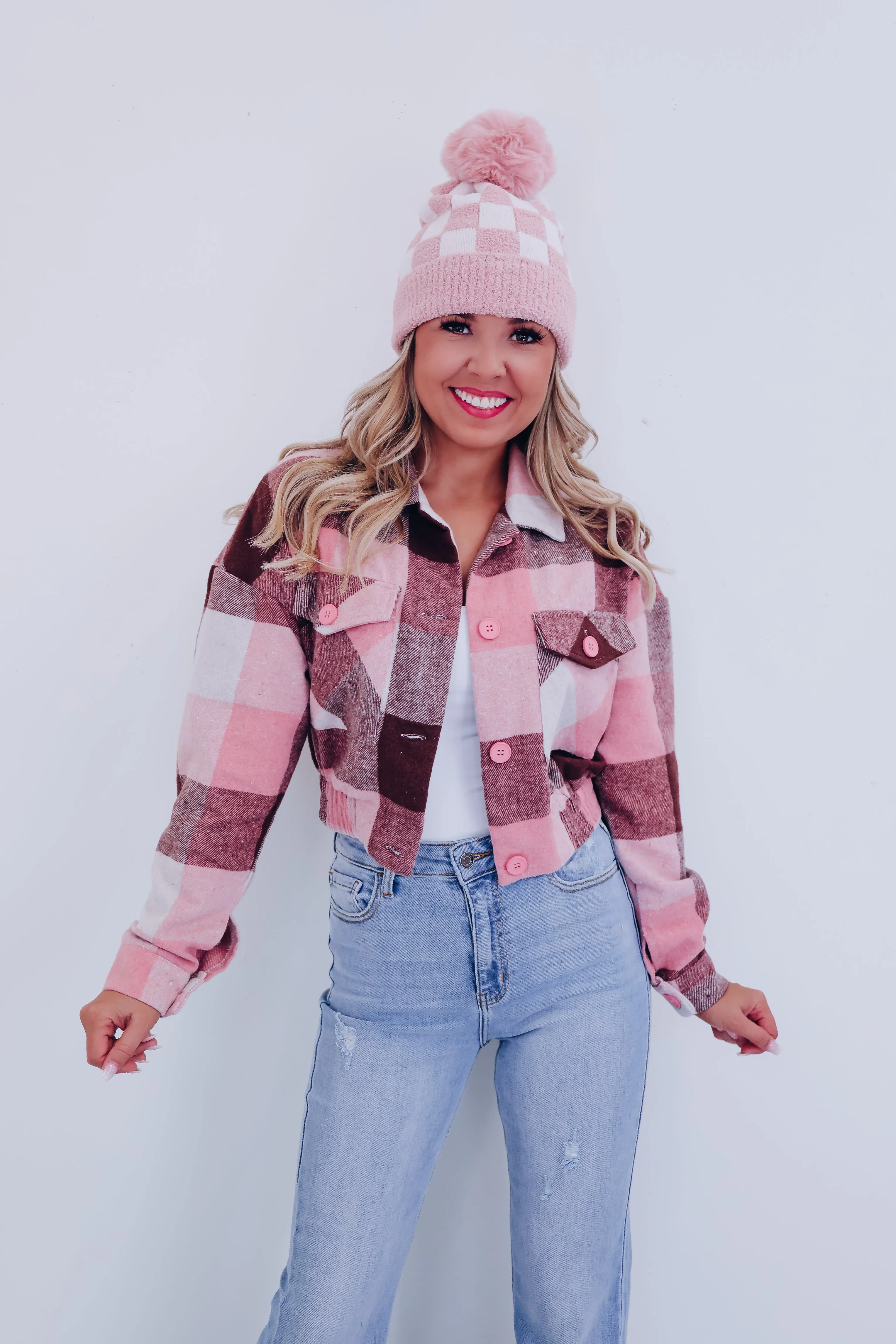 Classy Cropped Plaid Shacket - Pink