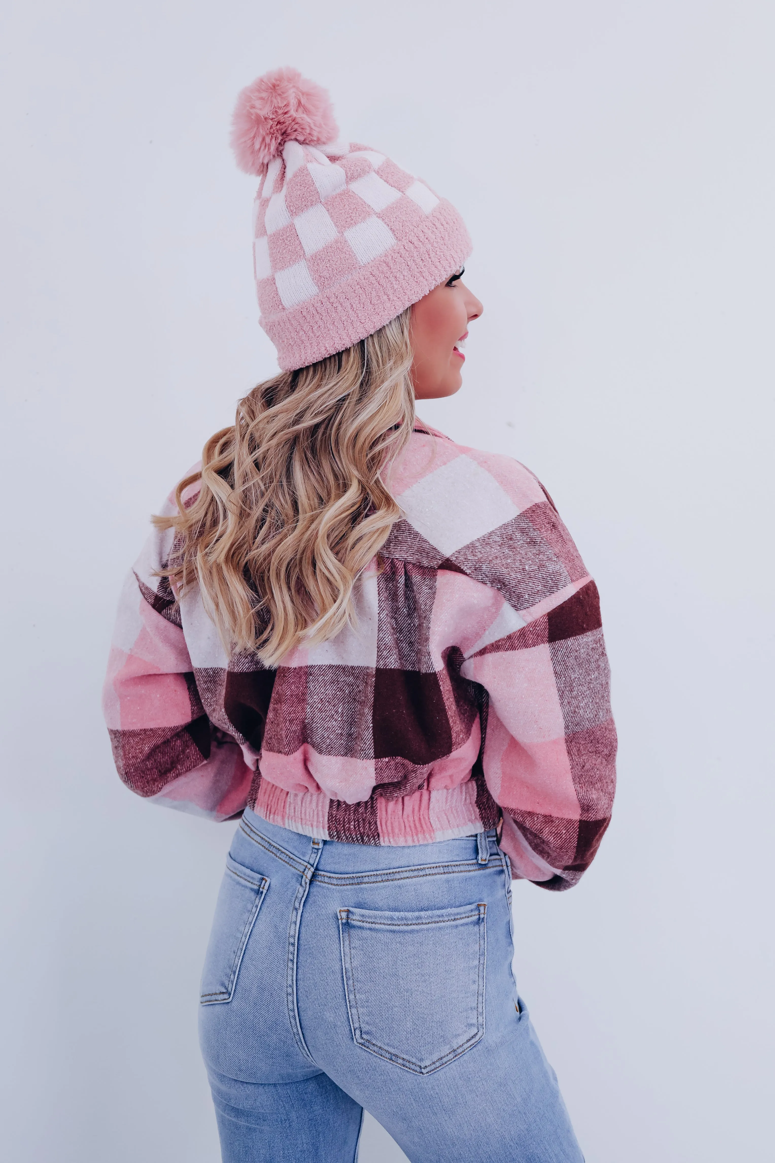 Classy Cropped Plaid Shacket - Pink