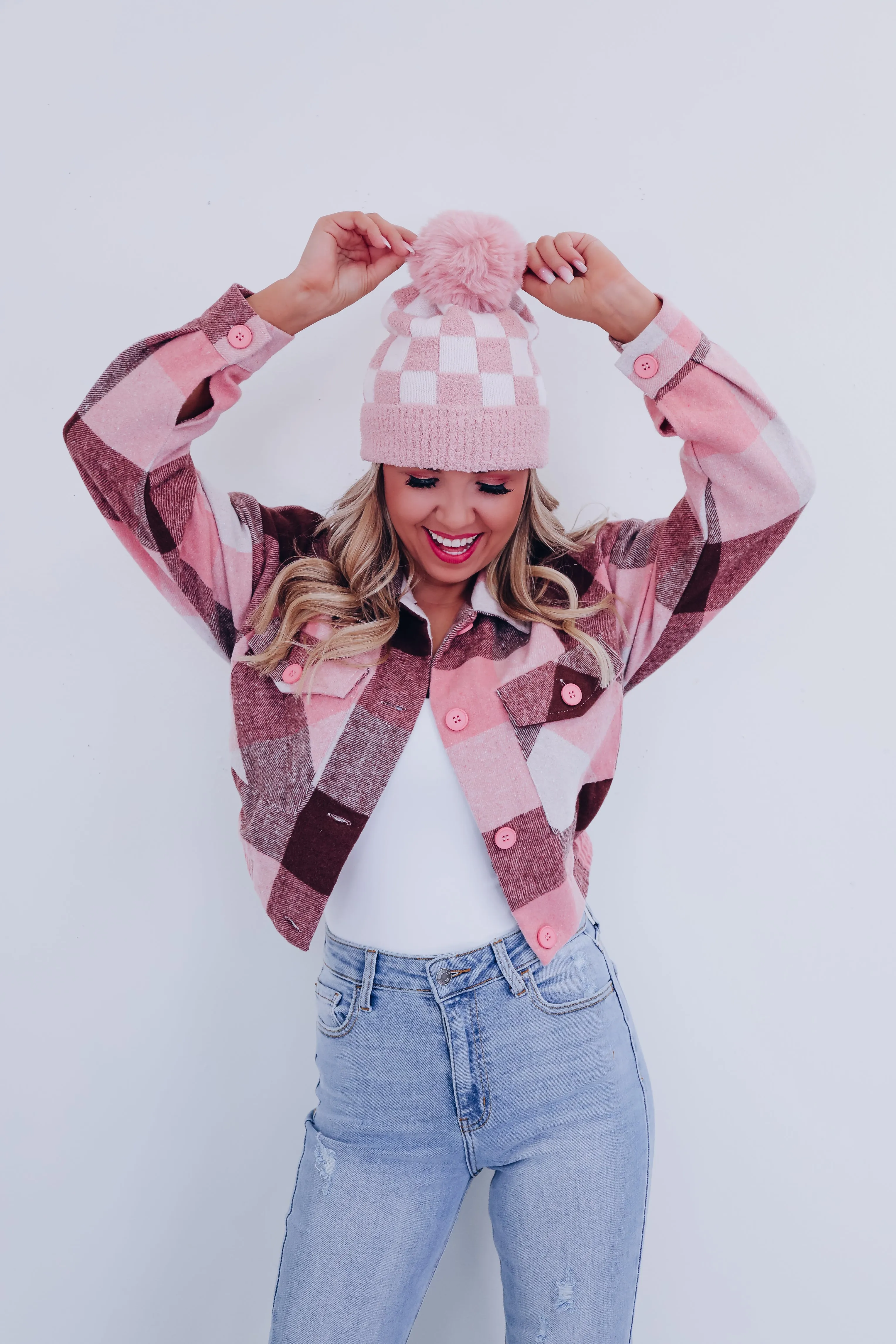 Classy Cropped Plaid Shacket - Pink