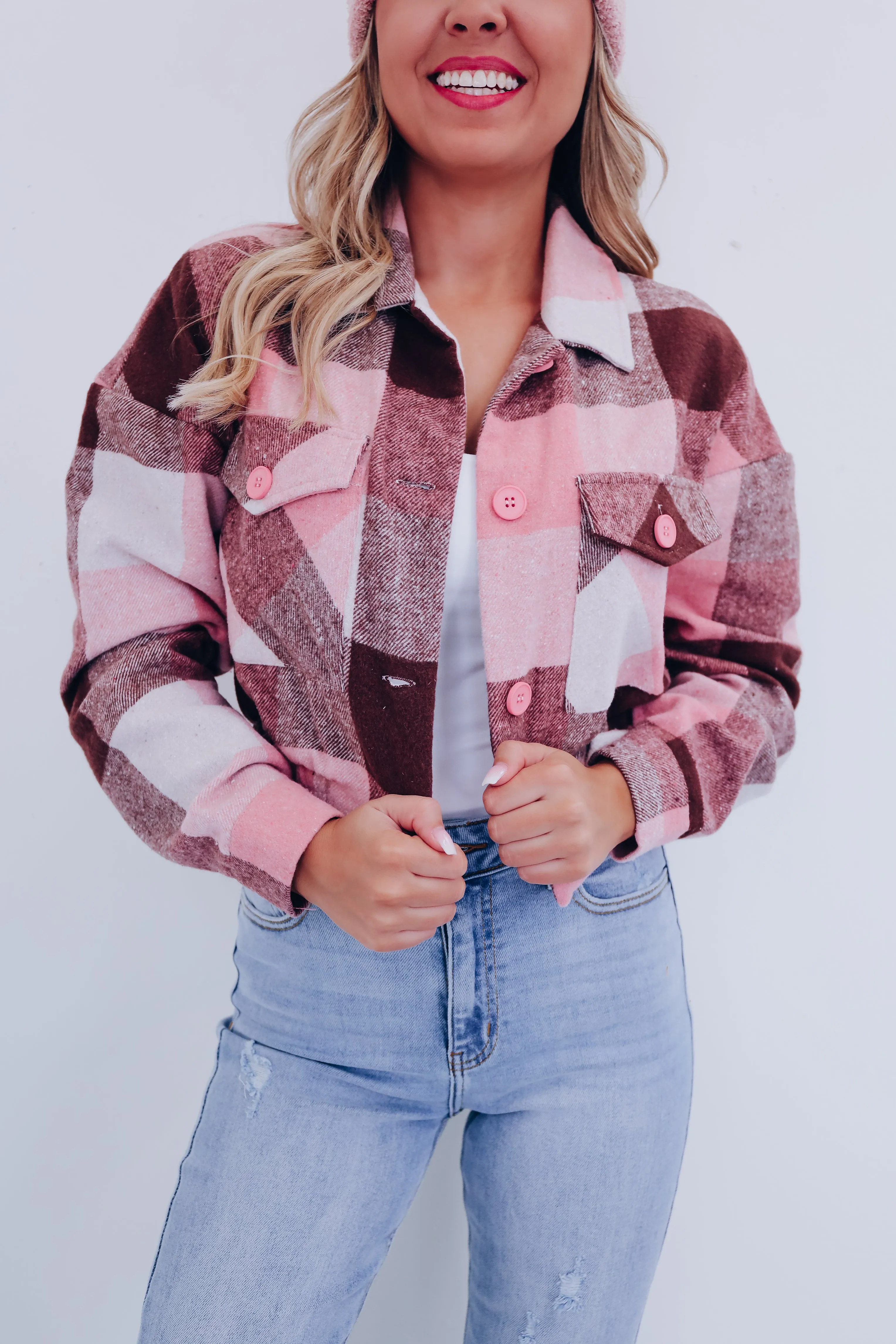 Classy Cropped Plaid Shacket - Pink