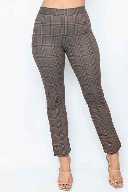 Cropped Dress Pants with Stretch Waistband in Honey Brown Plaid (PH23950)