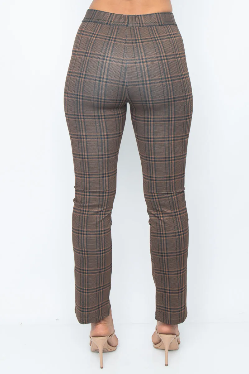 Cropped Dress Pants with Stretch Waistband in Honey Brown Plaid (PH23950)