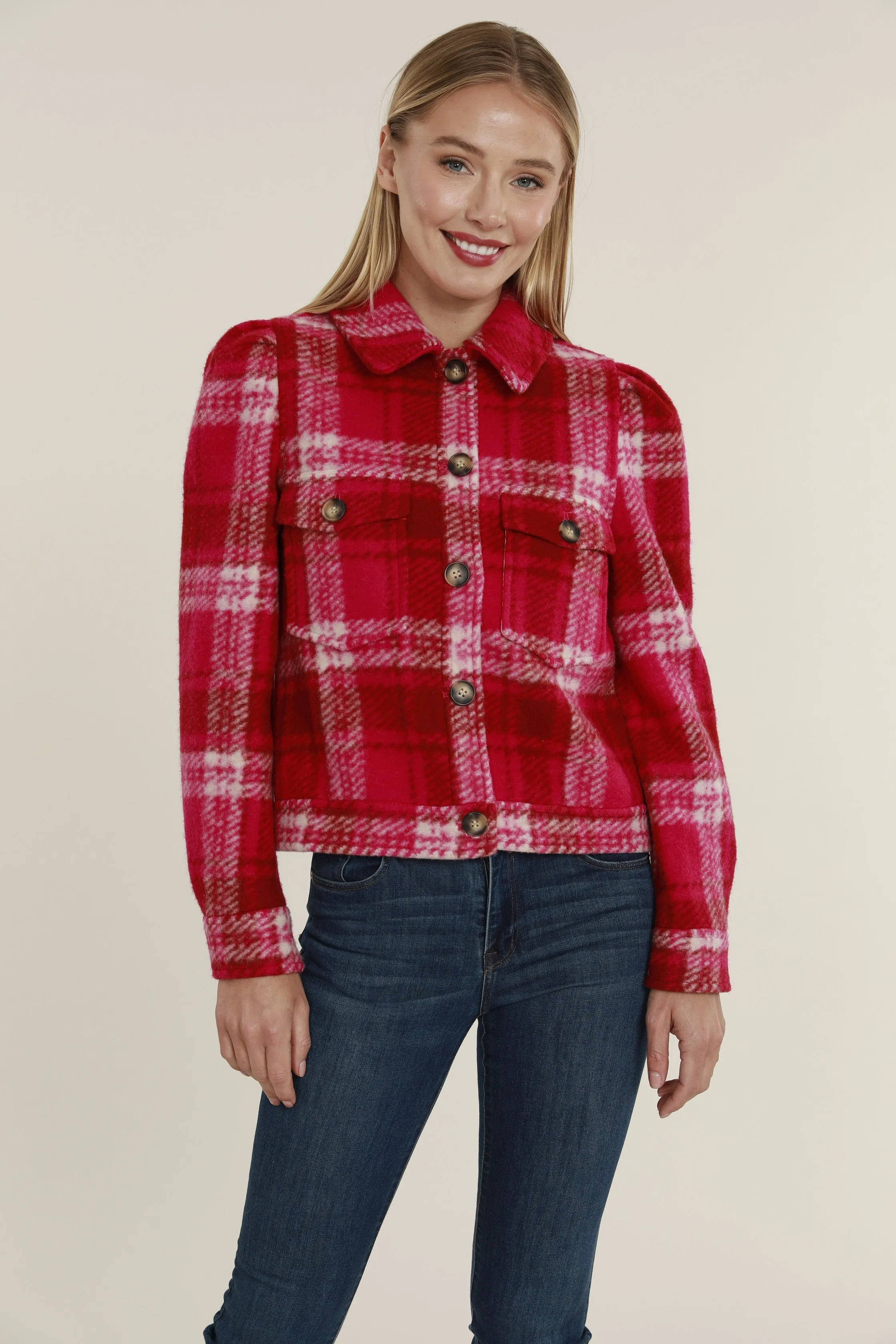 Cropped Plaid Shacket with Puff Shoulders