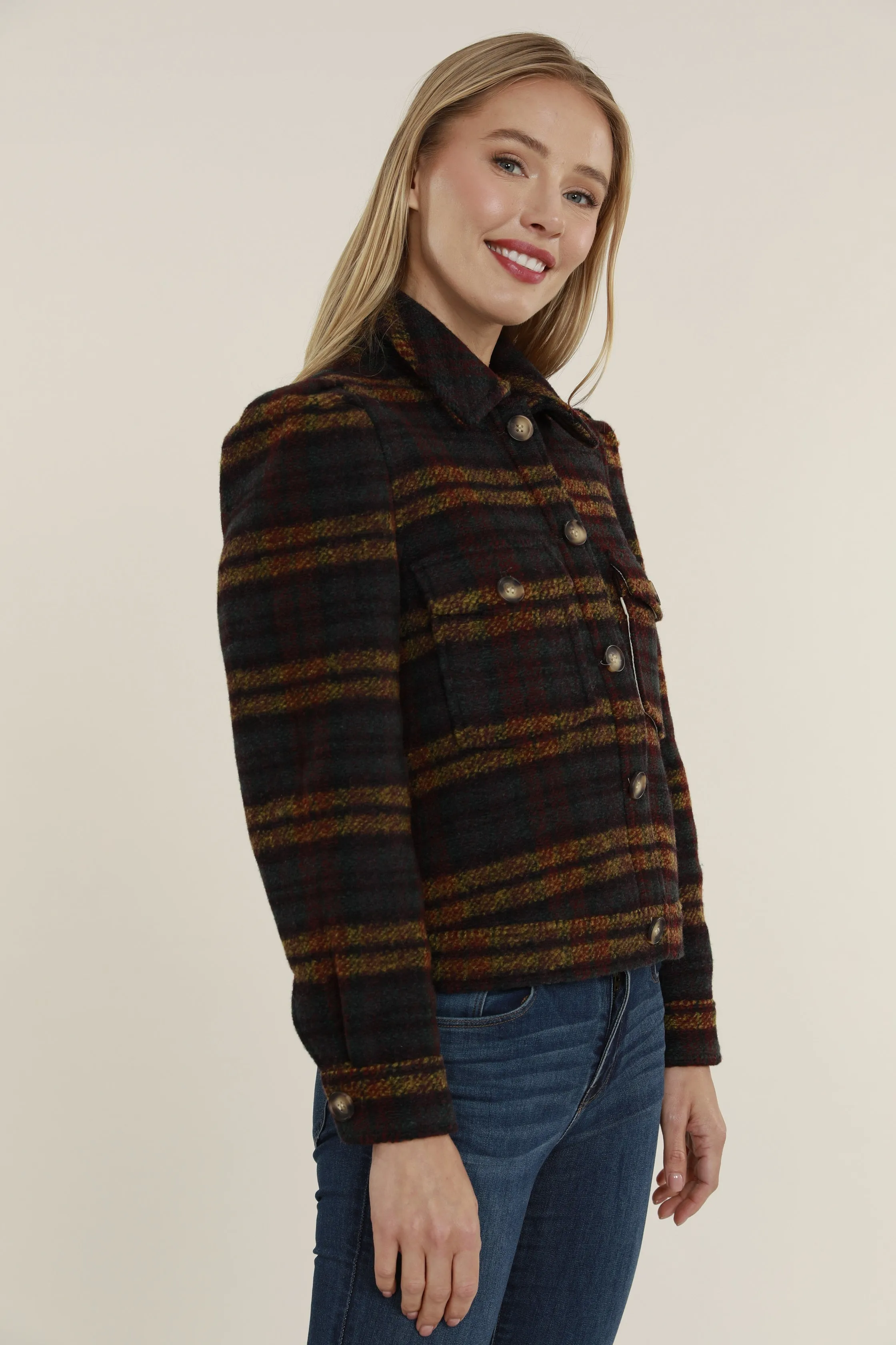 Cropped Plaid Shacket with Puff Shoulders