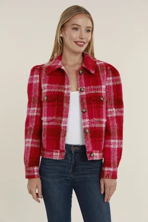 Cropped Plaid Shacket with Puff Shoulders