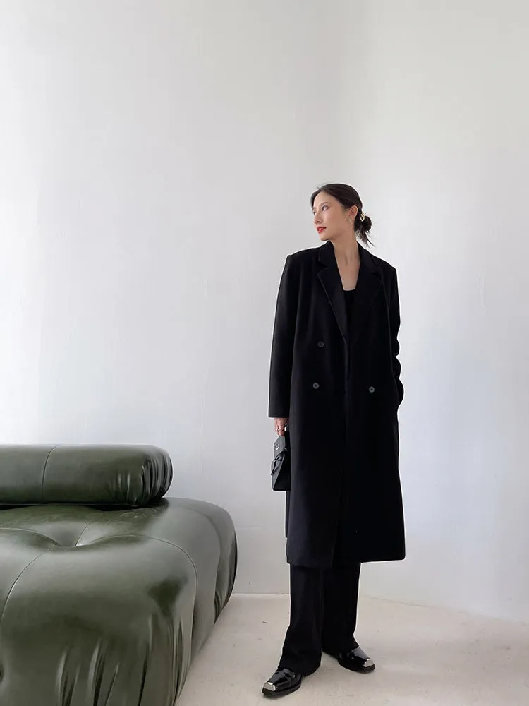 Double Breasted Oversized Long Wool Coat Black