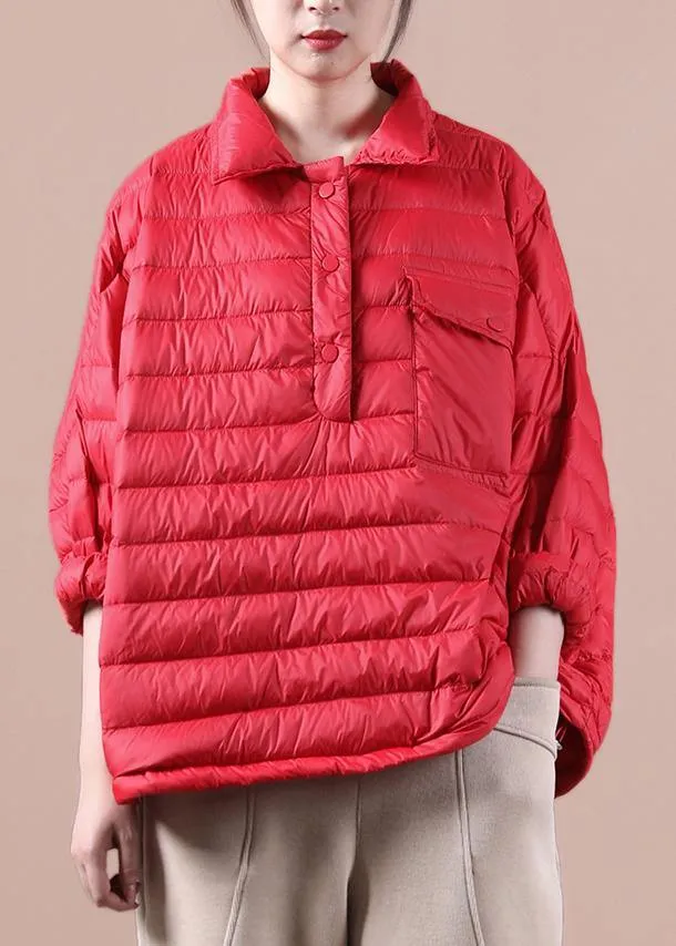 Elegant plus size down jacket overcoat red lapel pockets goose Down coat