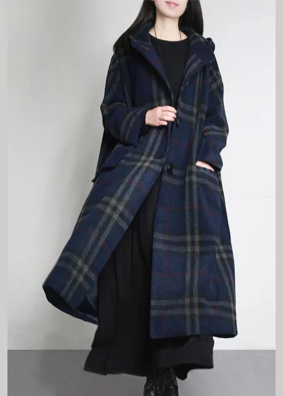 fine blue plaid woolen overcoat oversized hooded pockets Winter coat women coats