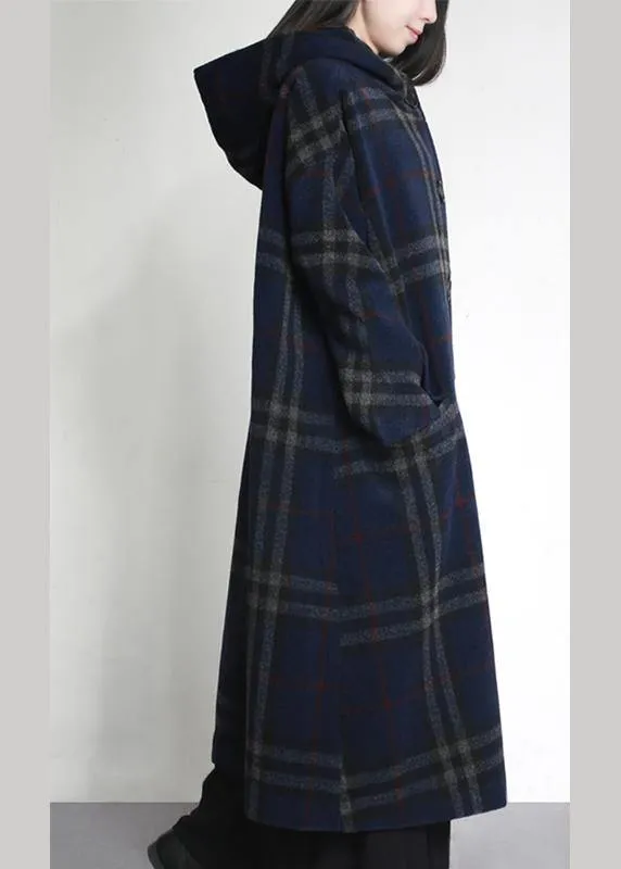 fine blue plaid woolen overcoat oversized hooded pockets Winter coat women coats