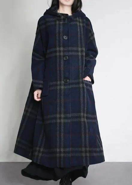 fine blue plaid woolen overcoat oversized hooded pockets Winter coat women coats