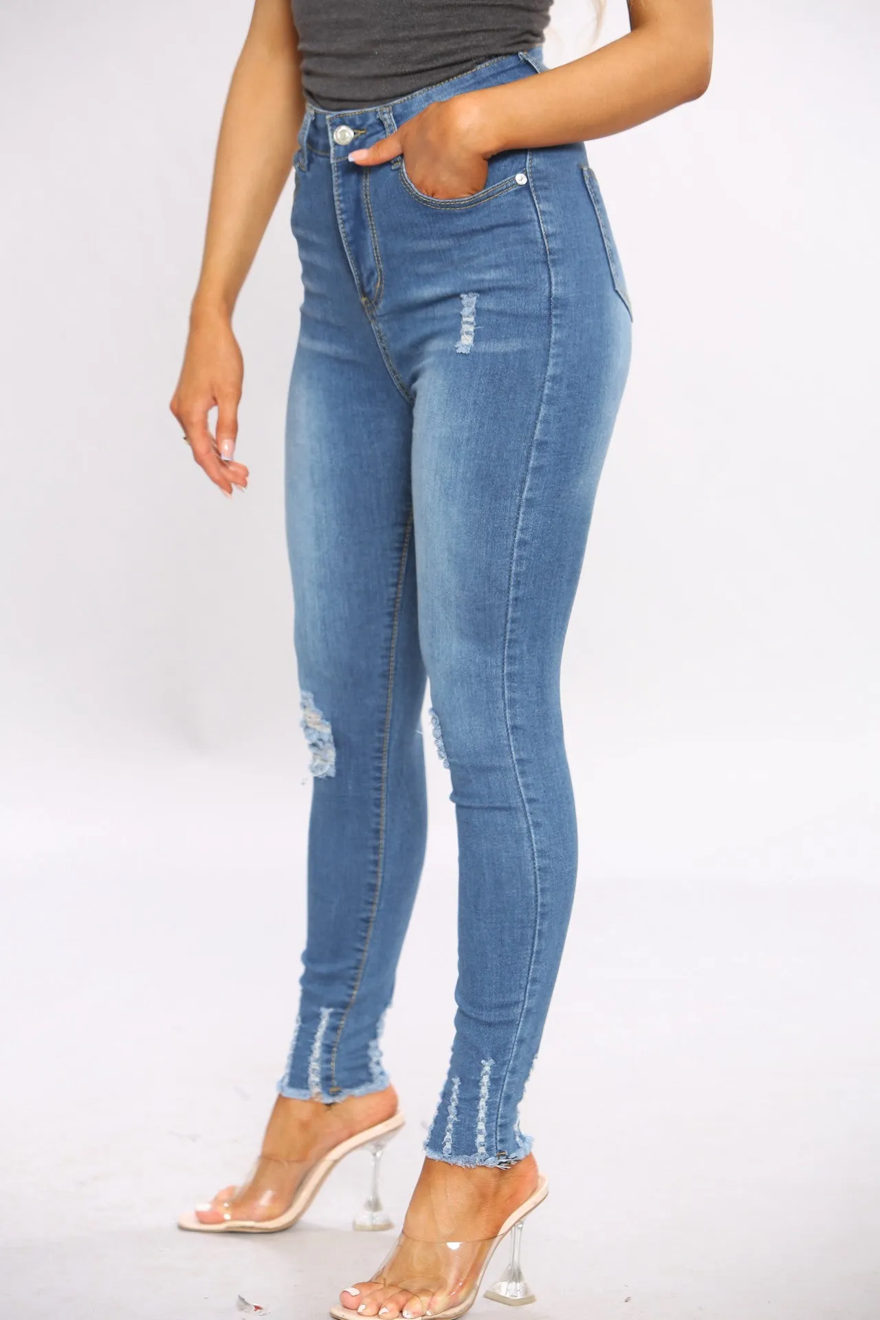 Frayed Hem Medium Blue Jeans