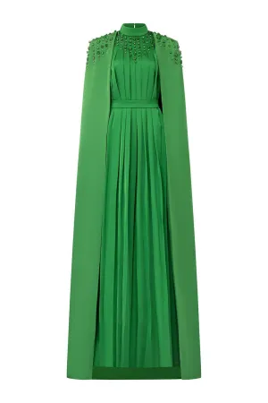 Halcyon Cape Pleated Silk Floor Length Dress