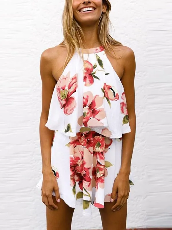 Halter Strapless Sleeveless Printed One-piece Culottes Dress