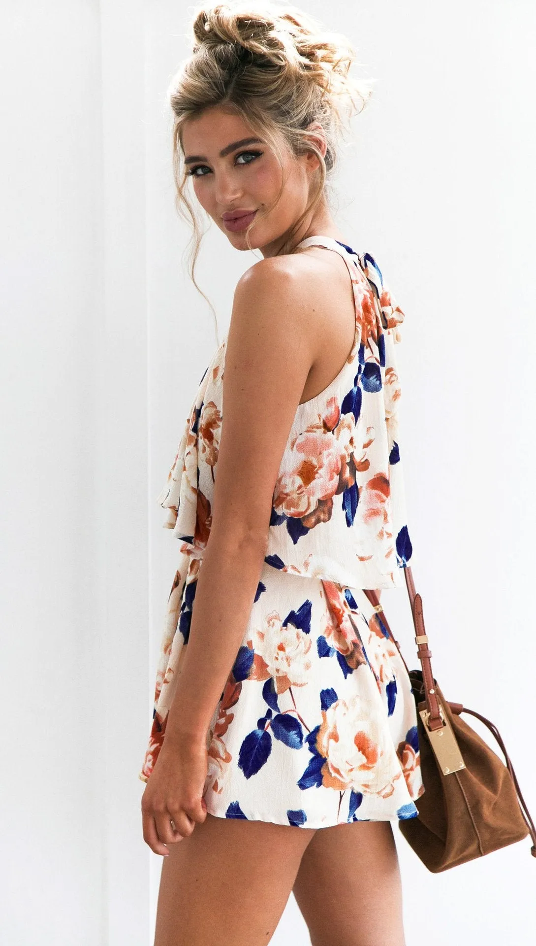 Halter Strapless Sleeveless Printed One-piece Culottes Dress