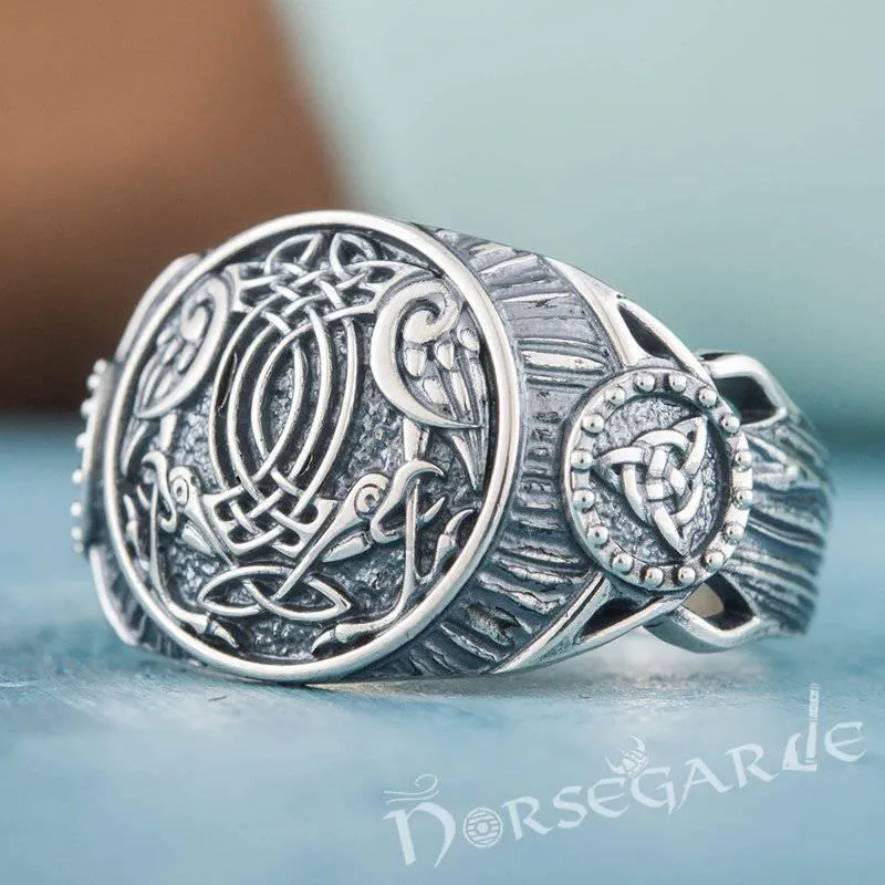 Handcrafted Ravens Druid Signet Ring - Sterling Silver