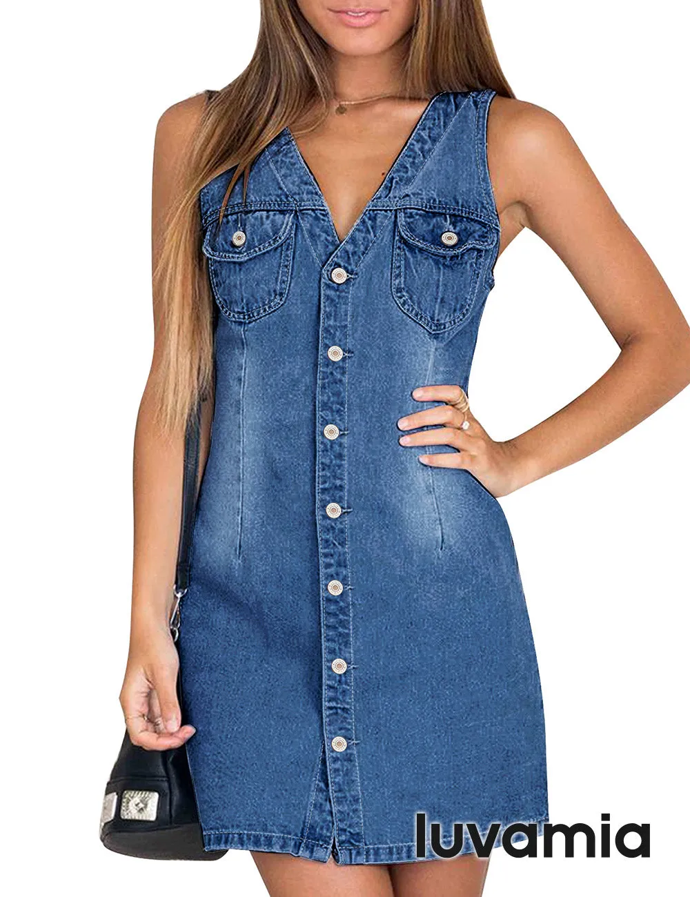 luvamia Women's Casual V Neck Sleeveless Jeans Button Down Denim Short Dress