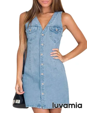 luvamia Women's Casual V Neck Sleeveless Jeans Button Down Denim Short Dress