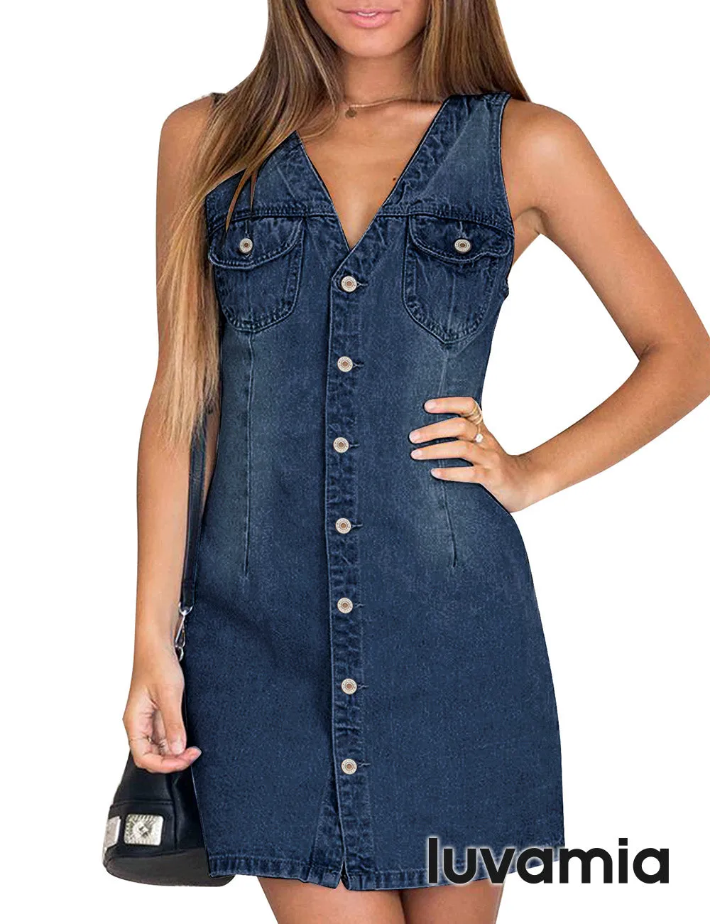 luvamia Women's Casual V Neck Sleeveless Jeans Button Down Denim Short Dress