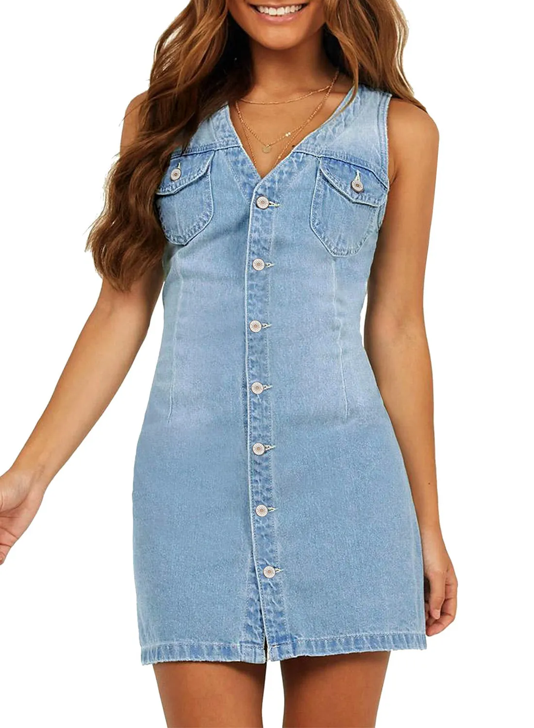 luvamia Women's Casual V Neck Sleeveless Jeans Button Down Denim Short Dress