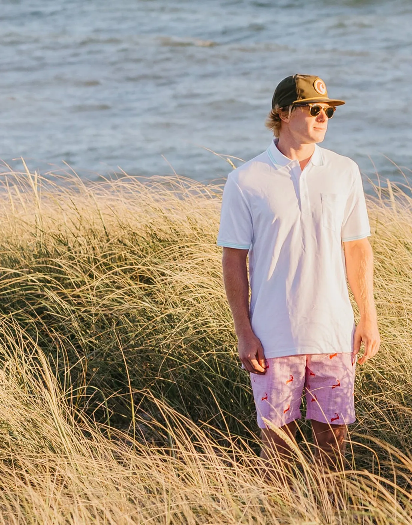 Pink Seersucker Mens Shorts with Pink Embroidered Cape Cods