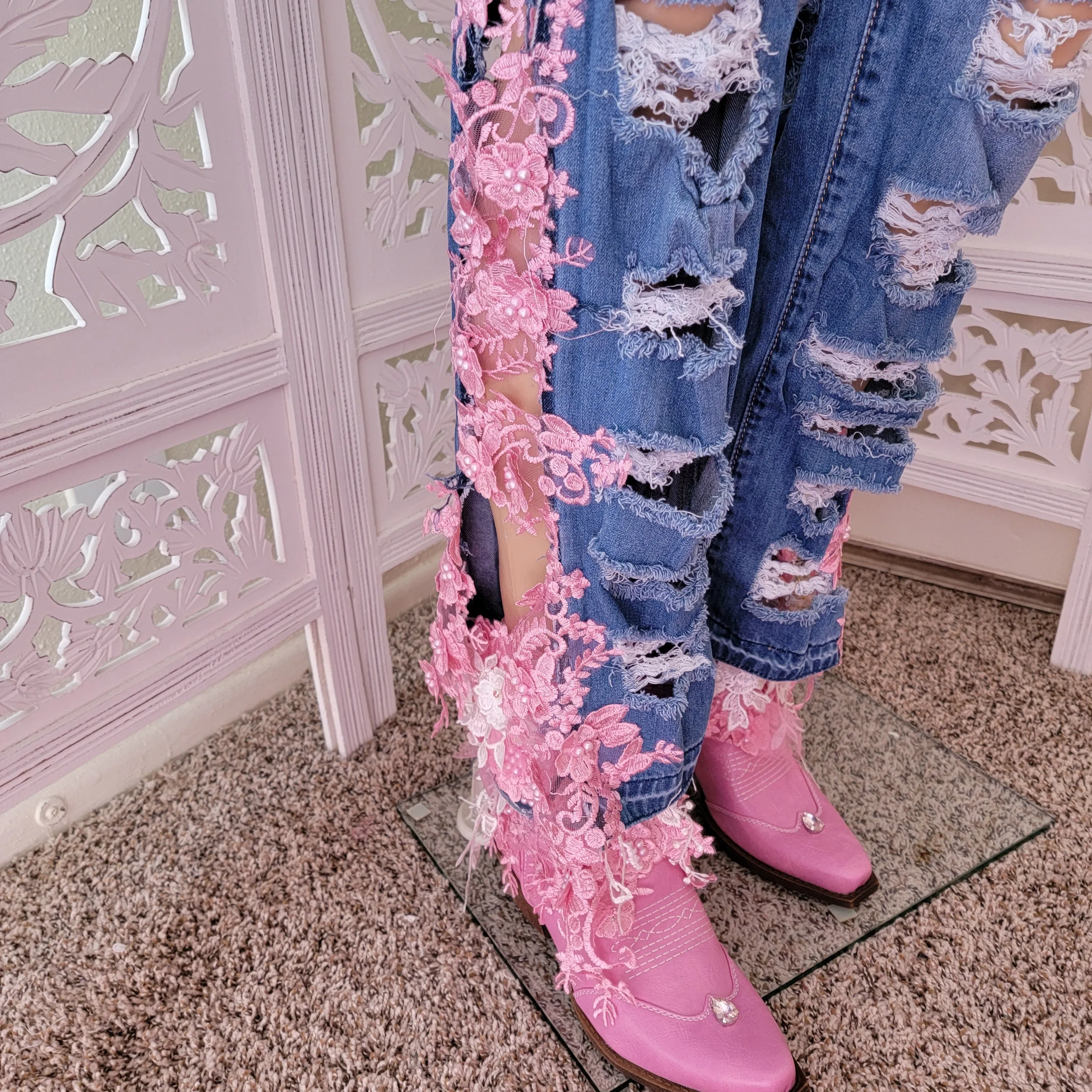 "OAKLEE" Custom Order Pink Lace Denim Jeans