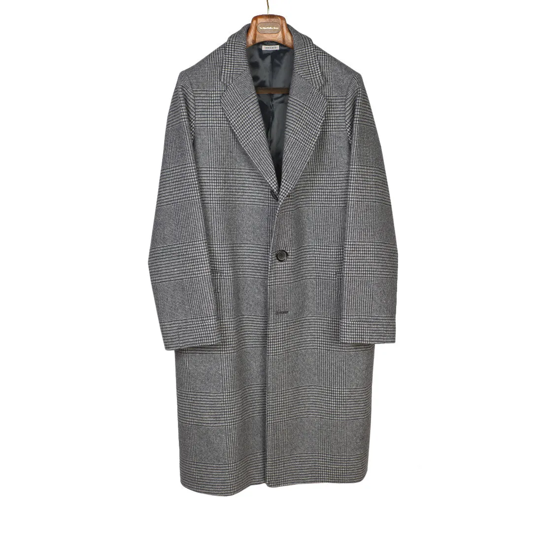 "Starry Night" long coat in grey Prince-of-Wales check melton wool