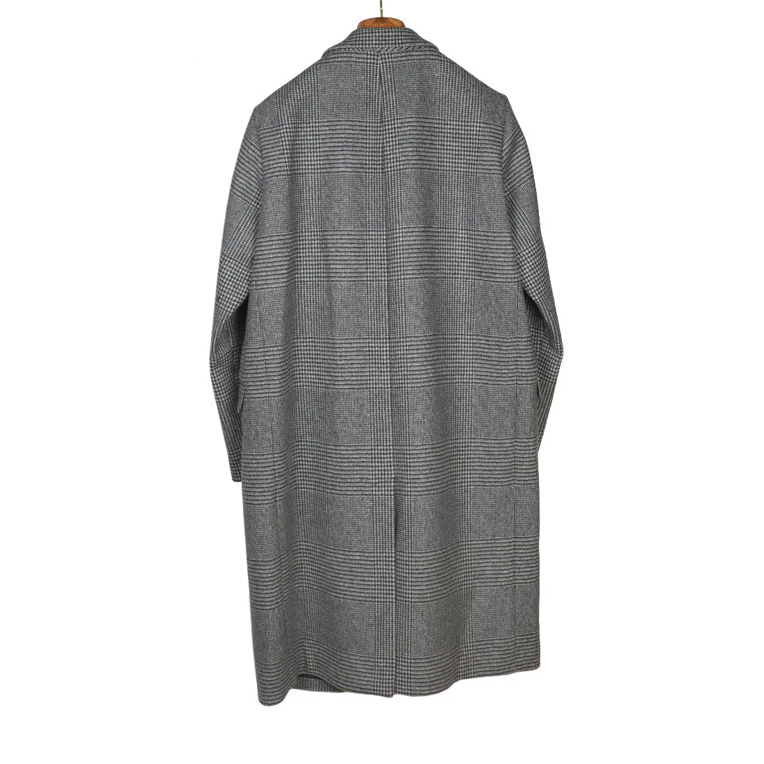 "Starry Night" long coat in grey Prince-of-Wales check melton wool