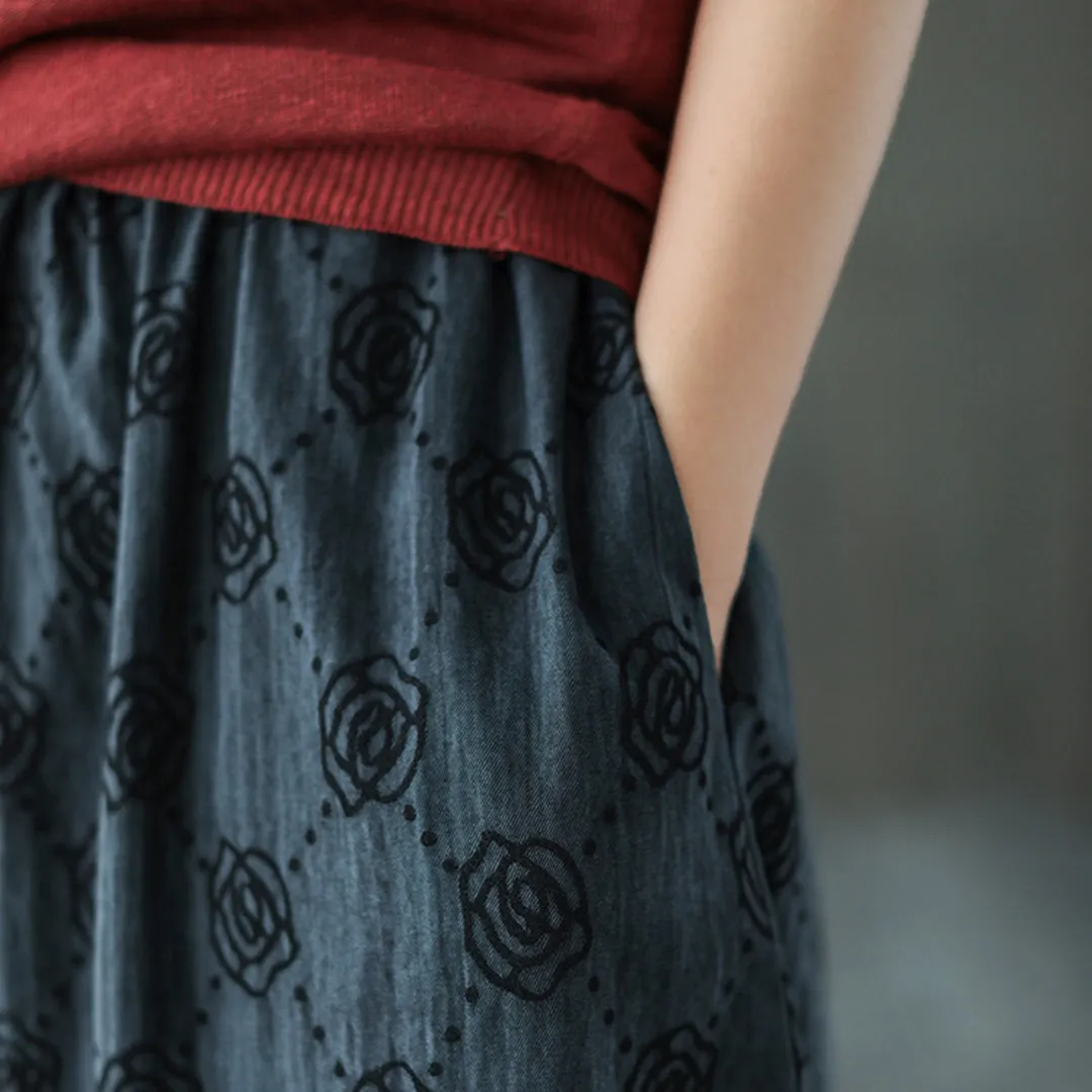 Retro Rose Jacquard Midi Skirt