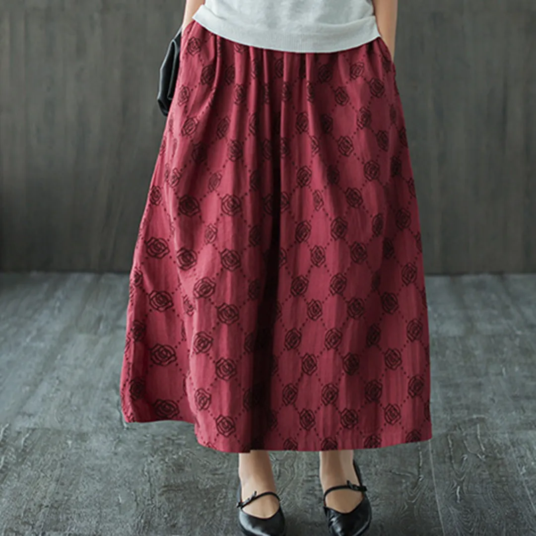 Retro Rose Jacquard Midi Skirt