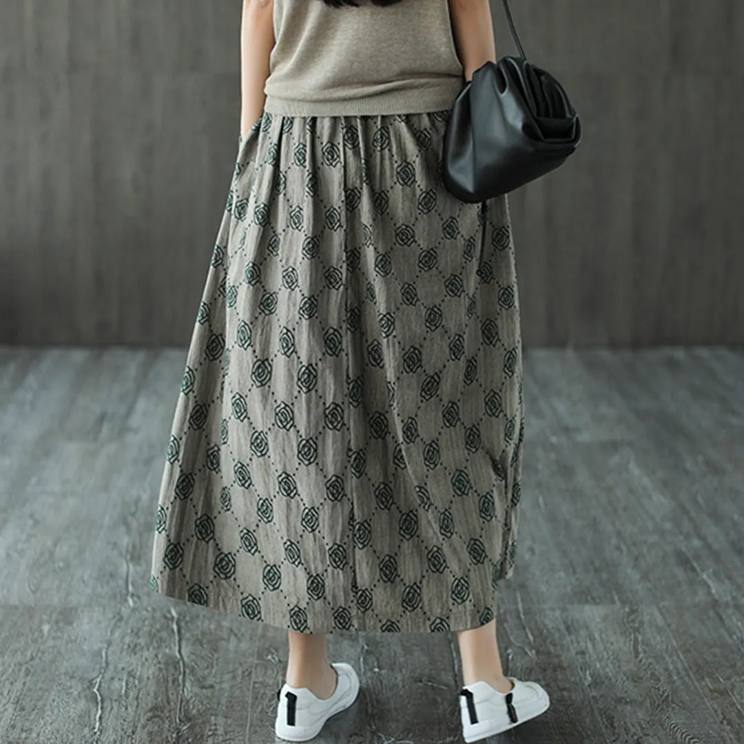 Retro Rose Jacquard Midi Skirt