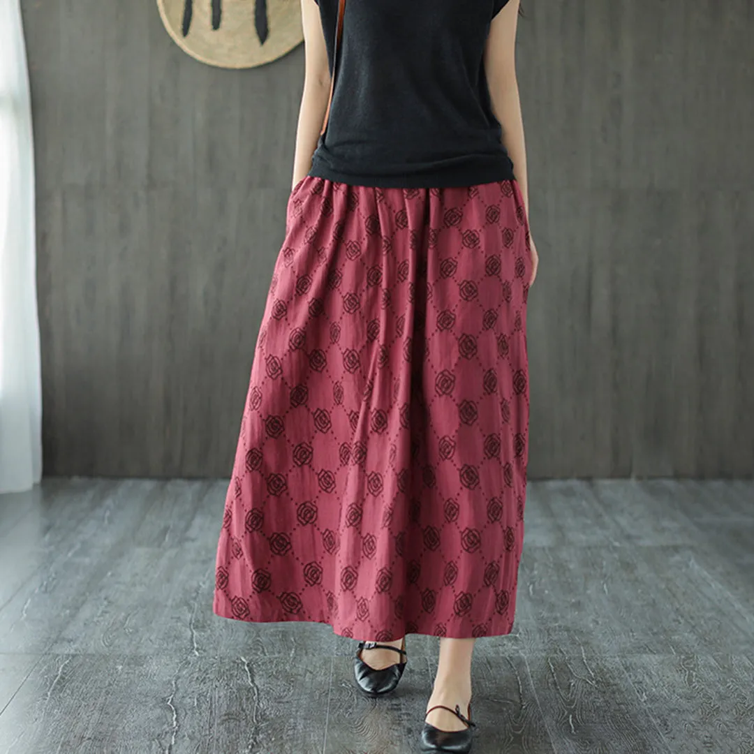 Retro Rose Jacquard Midi Skirt