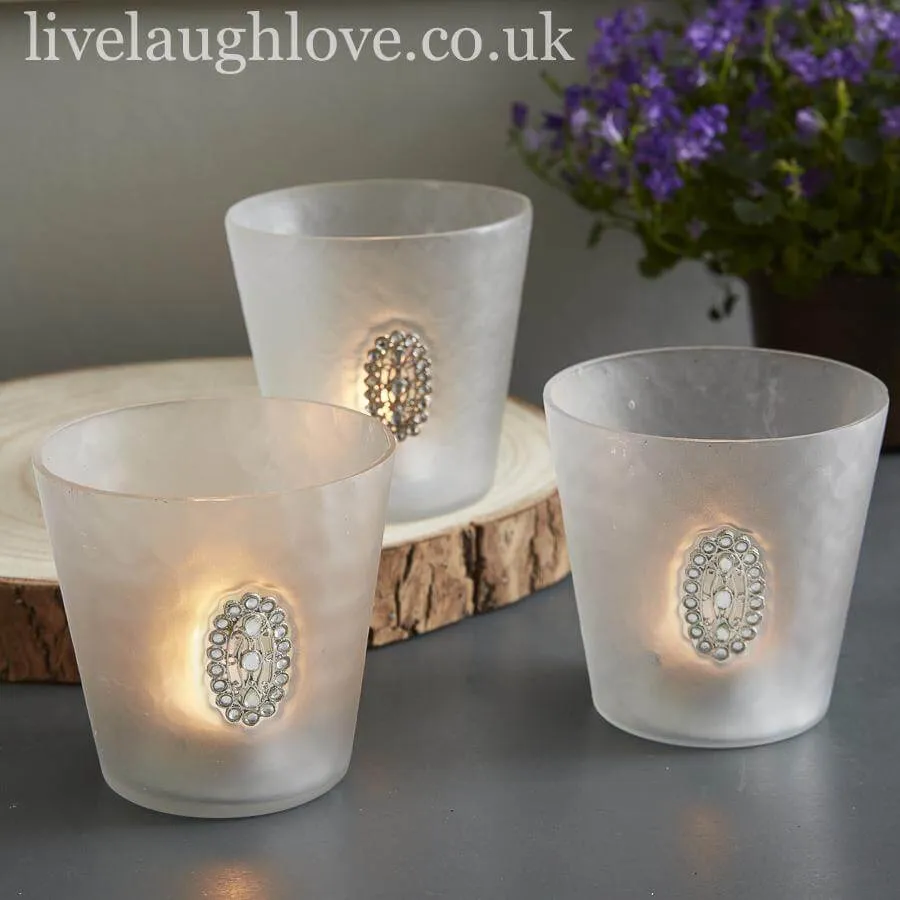 Set of 3 Large Glass Tea Light/Candle Holders With Oval Diamante Brooch ***Second***