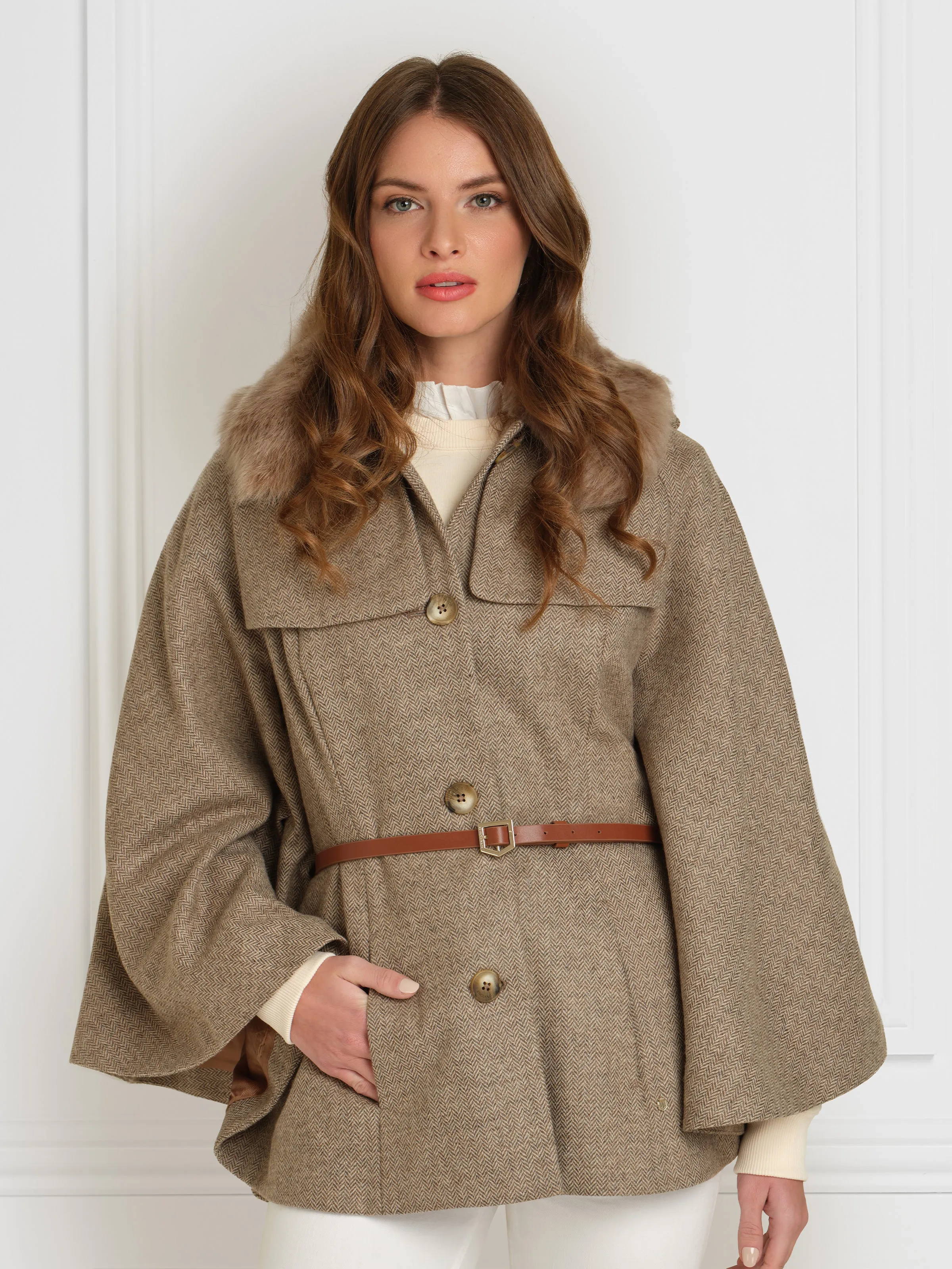 Sienna Wool Cape - Taupe Herringbone