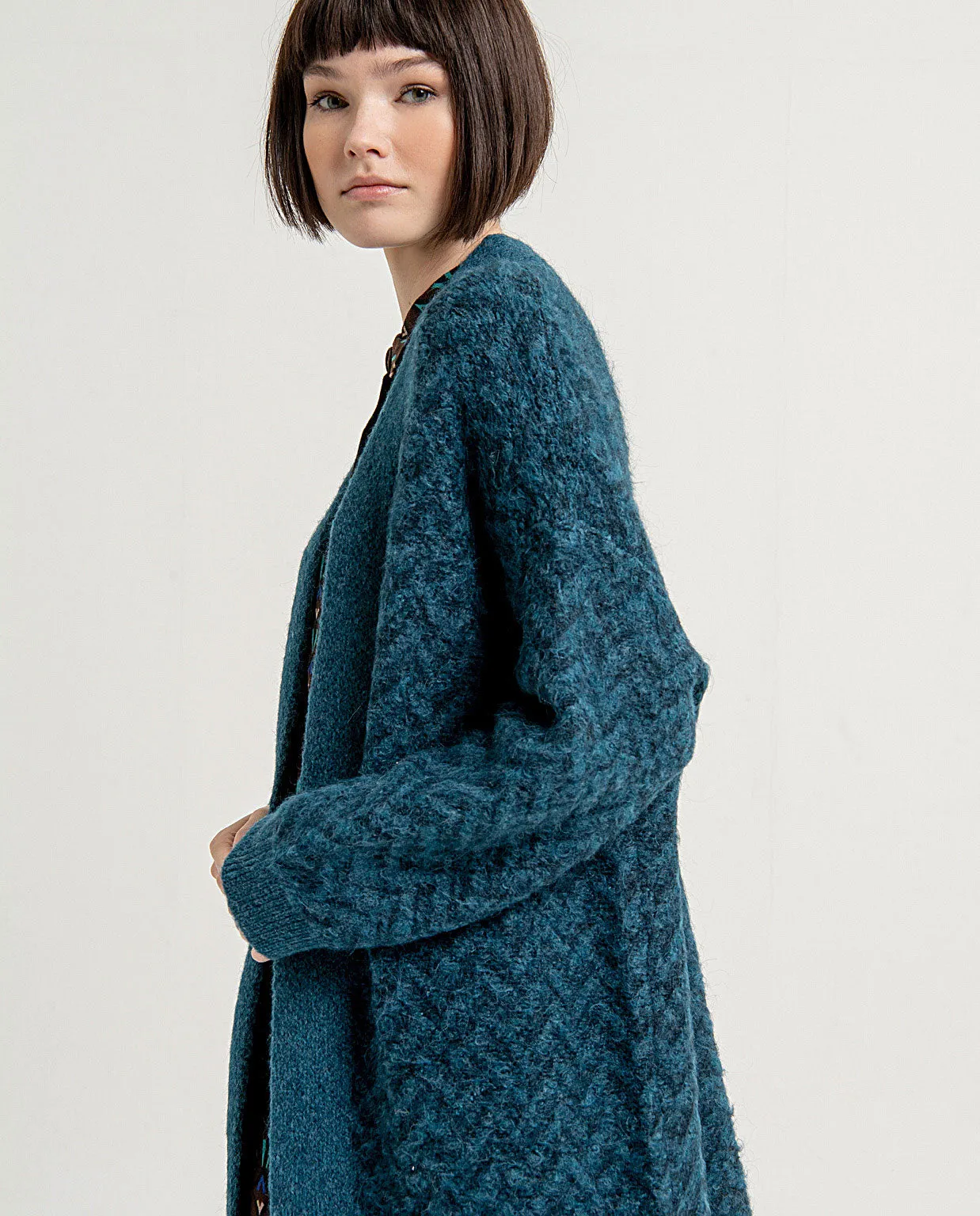 Surkana jacquard knitted jacket open blue