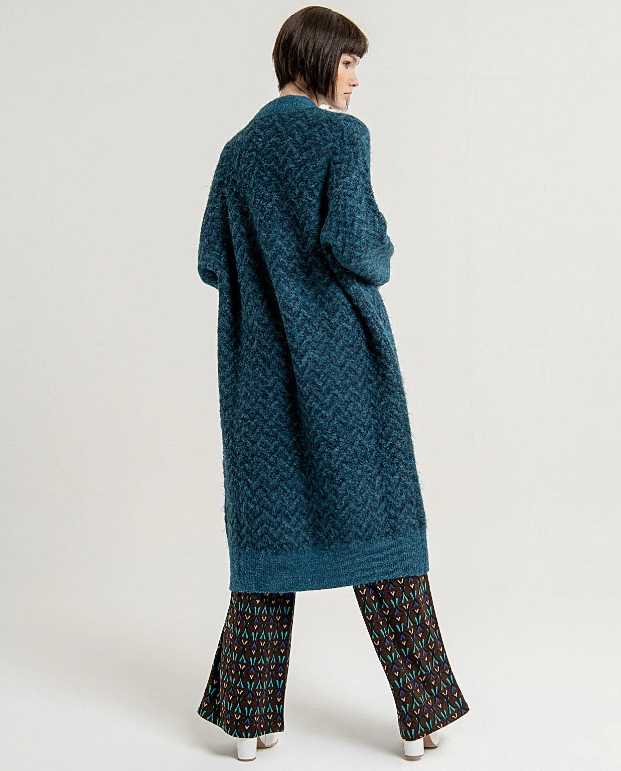 Surkana jacquard knitted jacket open blue