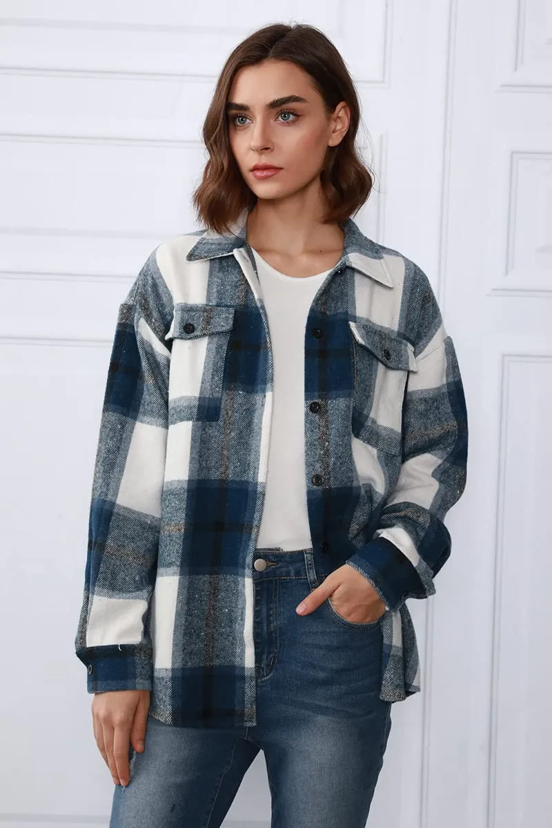 Trendy Queen Womens Flannel Shacket Casual Jacket Plaid Button Down Long Sleeve Shirt Fall Winter Outfits