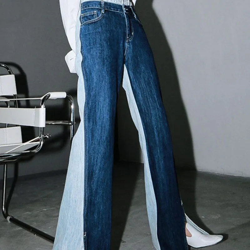 Unique Two Tone Raw Hem High Waist Straight Leg Spliced Jeans