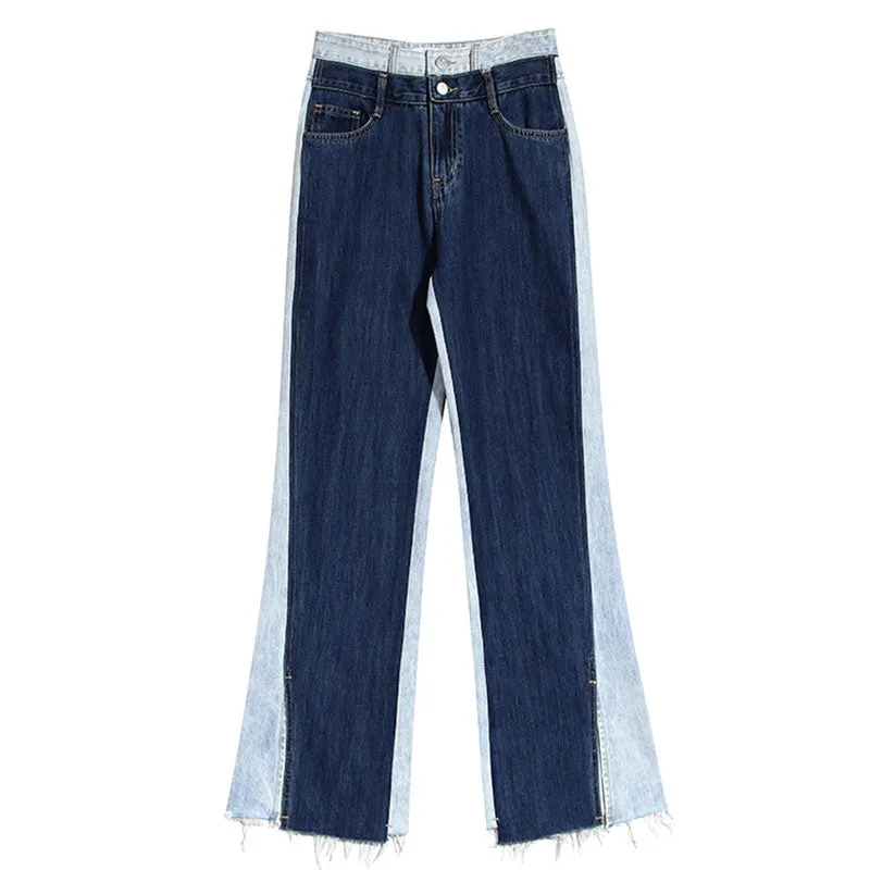 Unique Two Tone Raw Hem High Waist Straight Leg Spliced Jeans