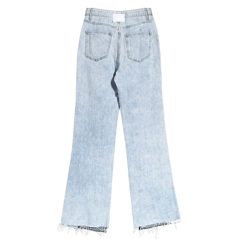 Unique Two Tone Raw Hem High Waist Straight Leg Spliced Jeans