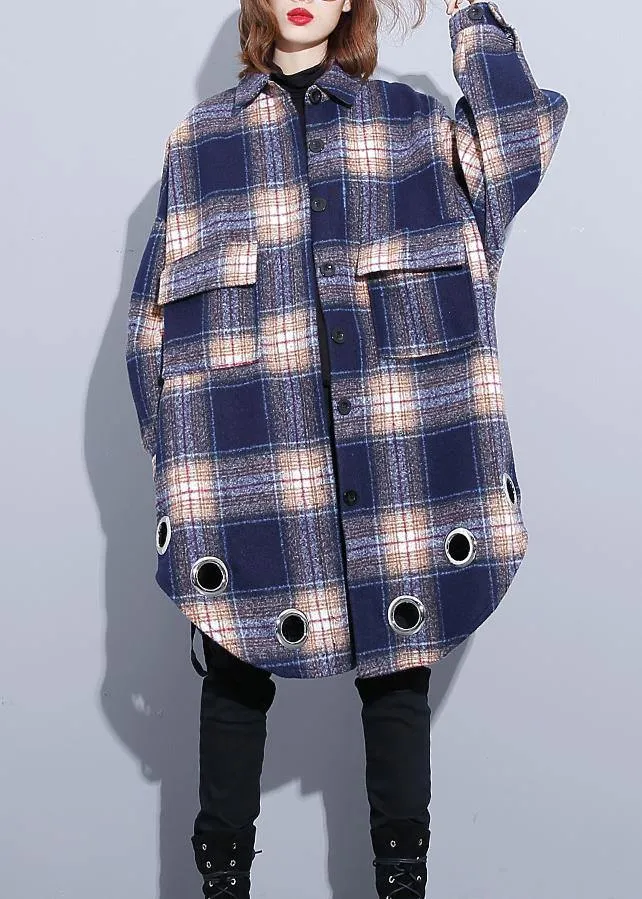 vintage Loose fitting Winter coat blue purple plaid lapel pockets wool overcoat