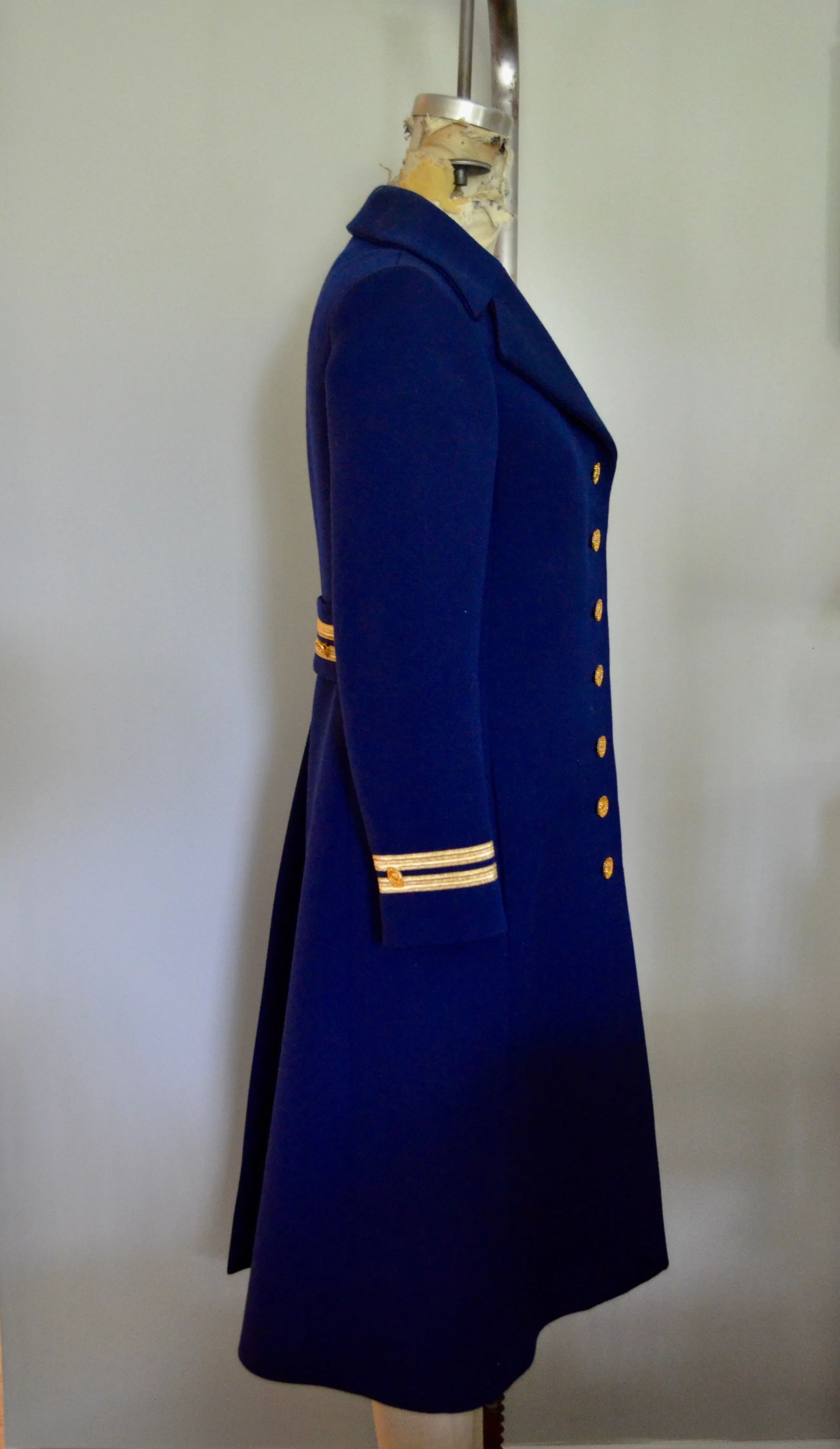 Vintage T Jones military blue navy pea coat with gold trim and crown buttons long jacket