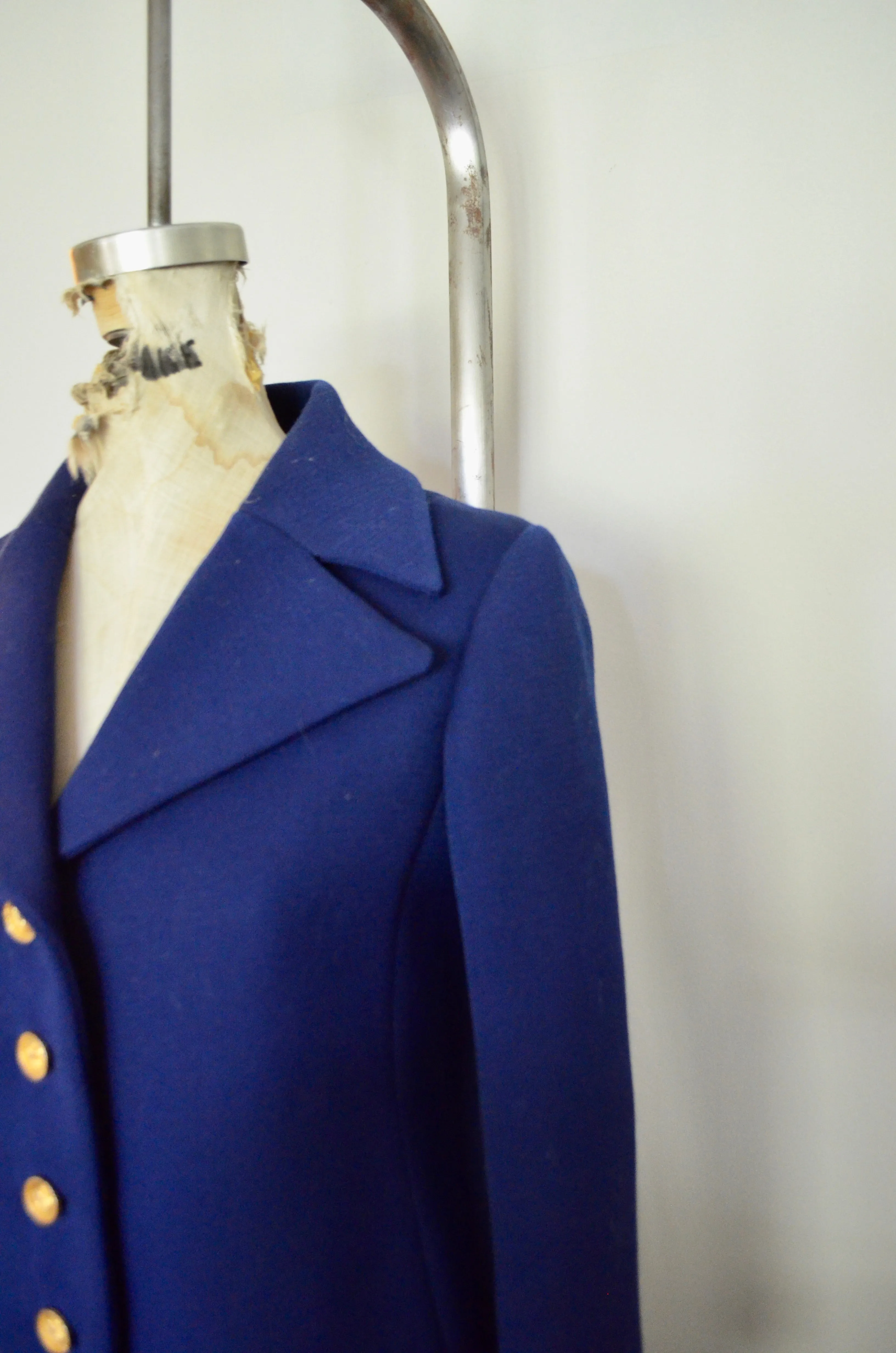 Vintage T Jones military blue navy pea coat with gold trim and crown buttons long jacket